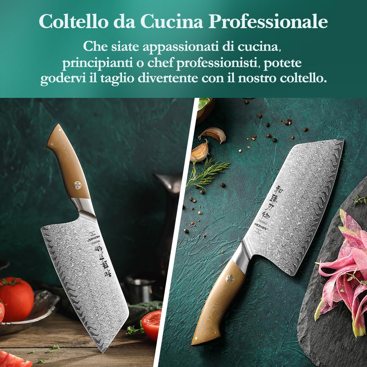 HEZHEN Mannaie per Carne Acciaio Damasco,Coltelli Mannaie da Chef Cinesi Professionale, Coltelli da Cucina Multifunzionale, Full Tang Manico