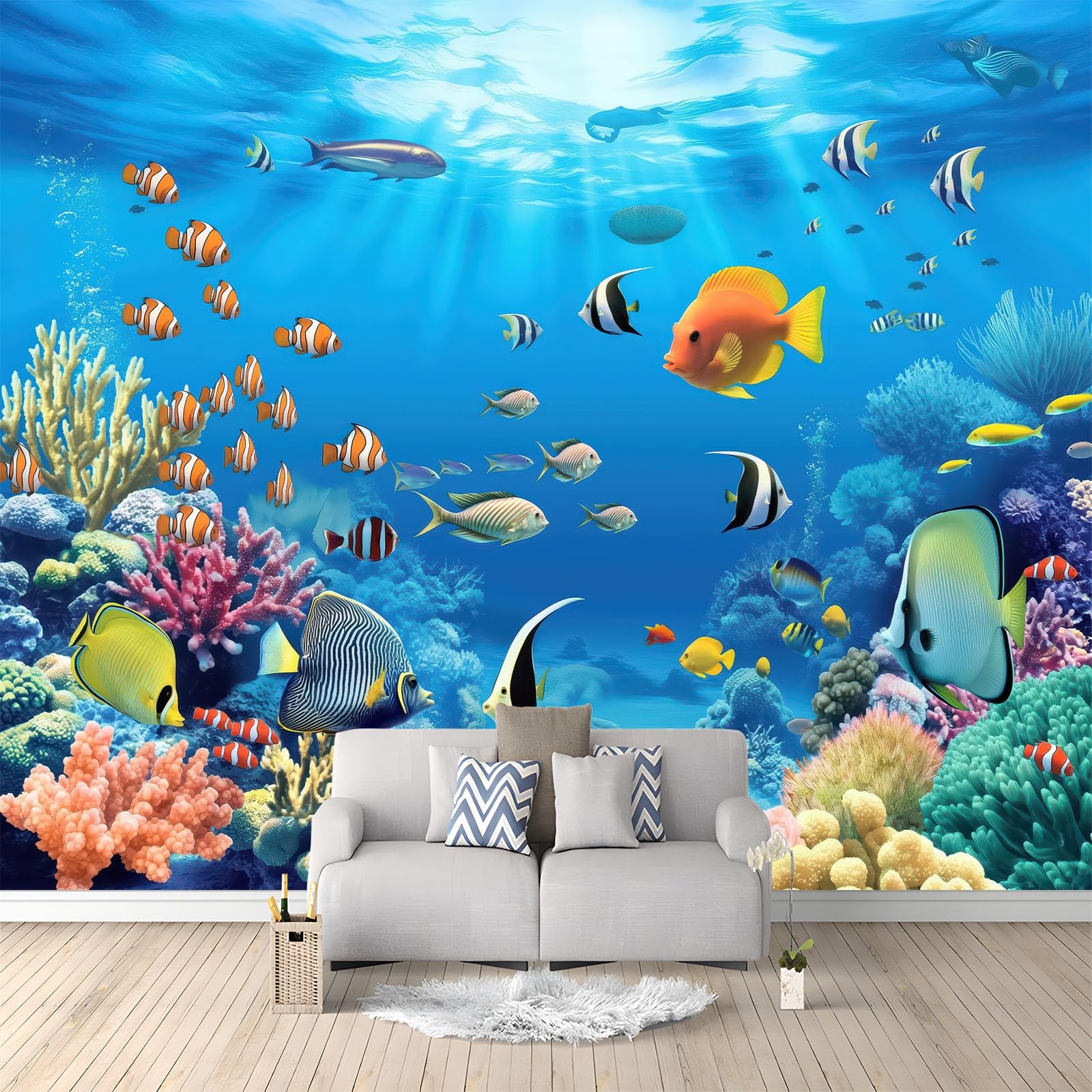 Vlies Fototapete 300 x 210 cm - FotoTapete Schlafzimmer Wohnzimmer Moderne Vliestapete Wandtapete Motivtapeten Bildtapete 3d Effekt Wand Dekoration - Blau Ästhetische 3D Unterwasserwelt Fische