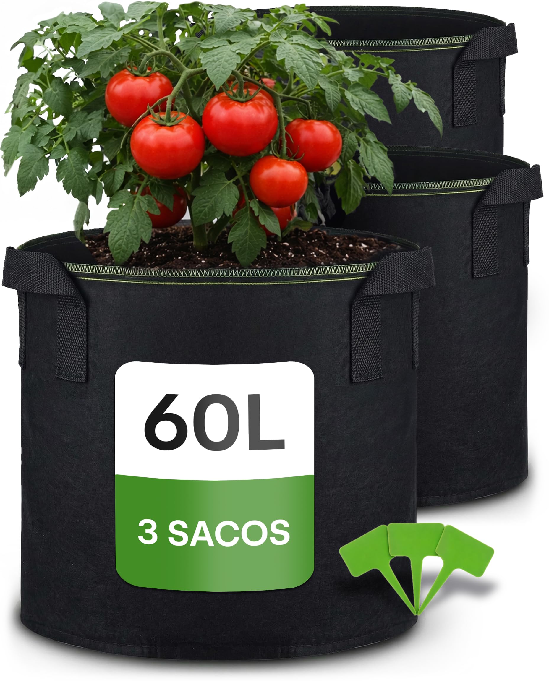 Praknu Bolsa de Cultivo para Plantas 60L - 3 Bolsas Grandes de Tela no Tejida con Asas y Etiquetas - Maceta Geotextil para Patatas y Vegetales