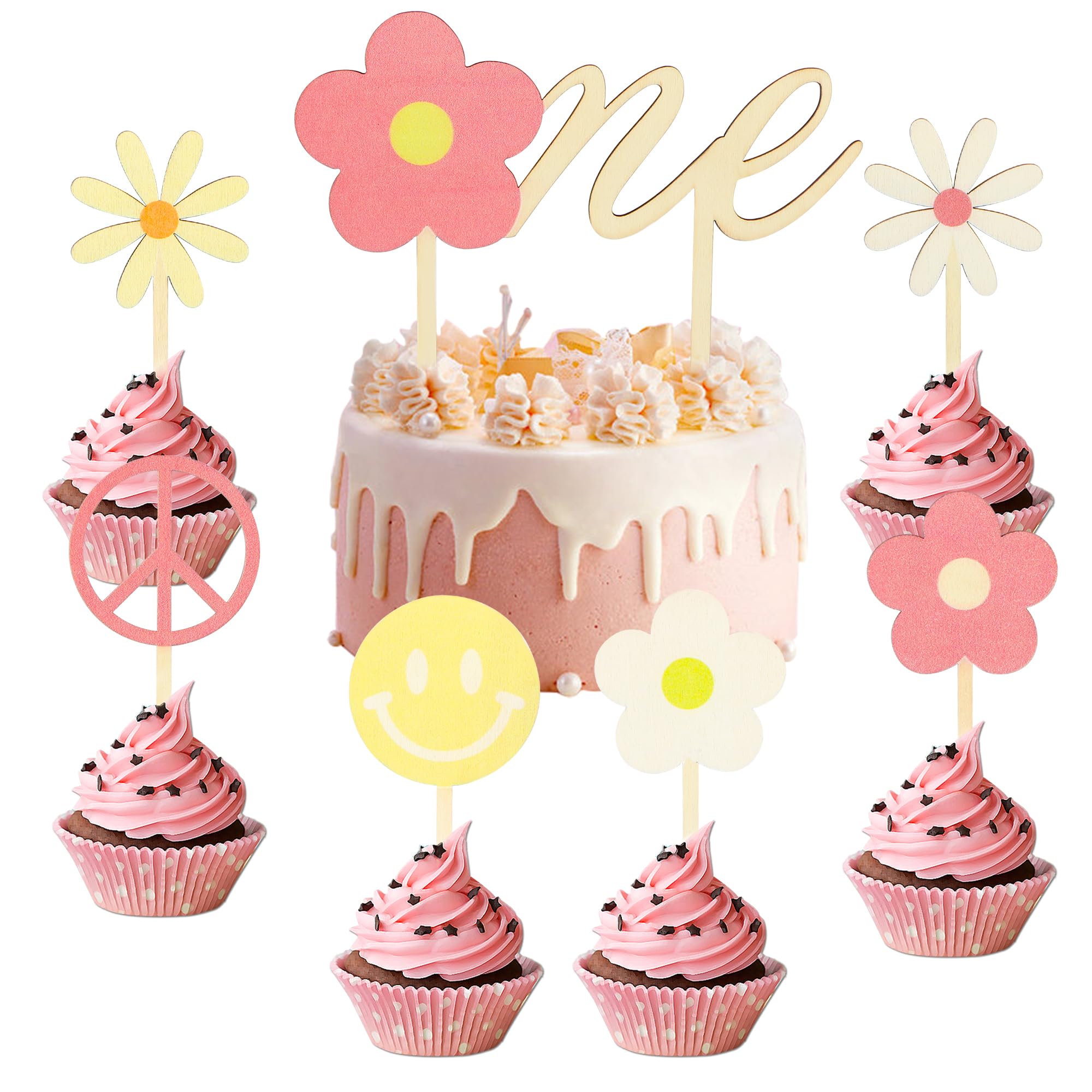 7Pcs Daisy One Cake Topper Wooden Cupcake Toppers Set, One Groovy Flower Boho Wood Desert Cupcake Topper Decor for Baby Shower Kids Hippie Theme First Birthday Party Decorations Supplies