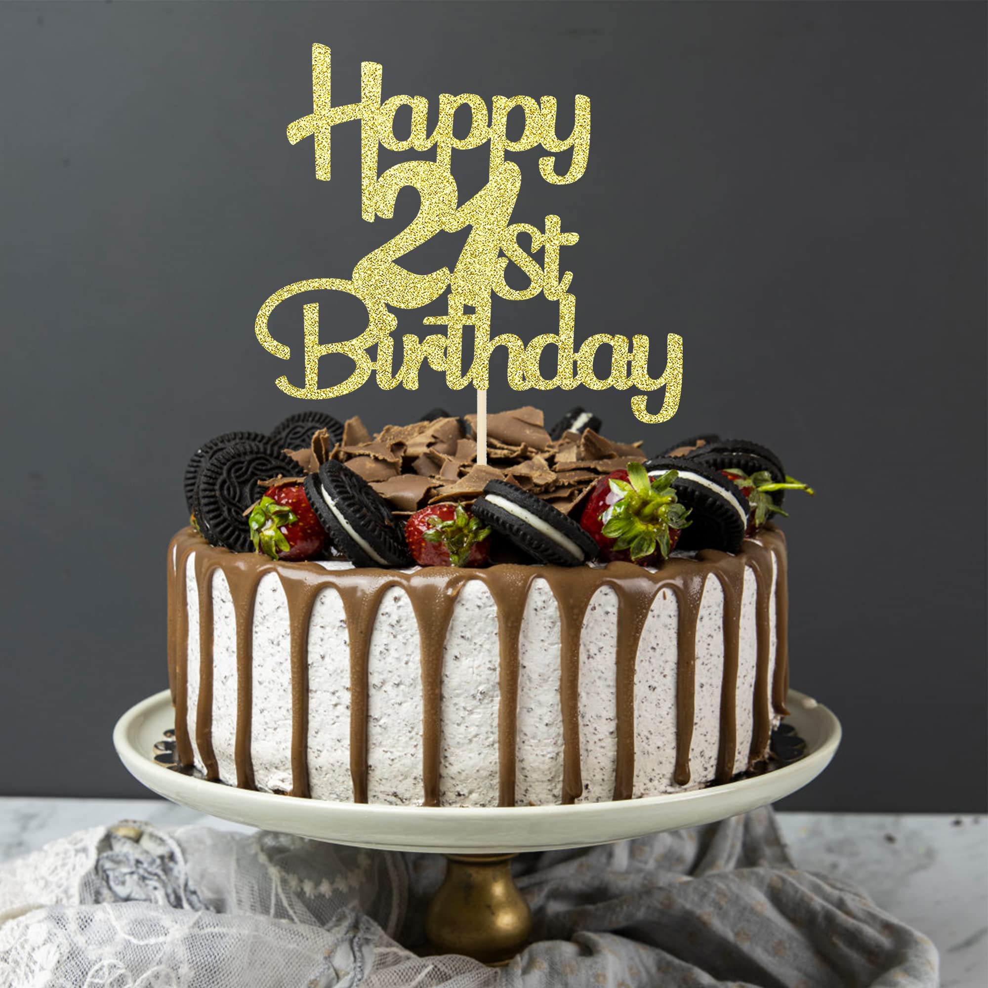 Cakeshop Decorazione per torta con glitter per 21° compleanno, 21° anniversario, biglietto glitterato da 400 g/m², scelta 14 colori e un sacco di stili (champagne