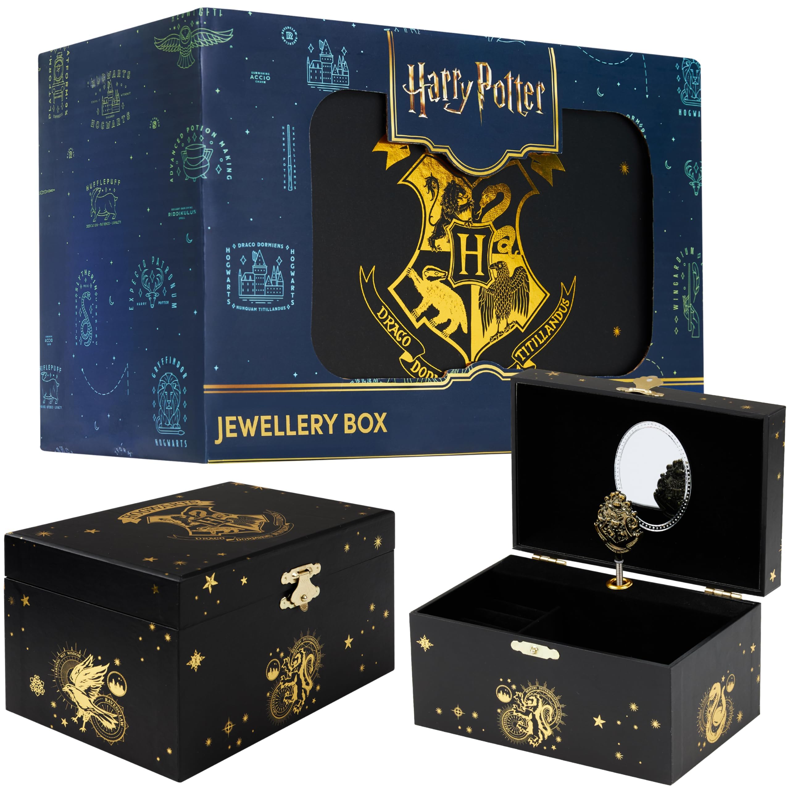 Gifts Musical Jewelry Box for Girls with Spinning Hogwarts Crest, Mirror & Wind-Up Key Music, Jewelry Organizer