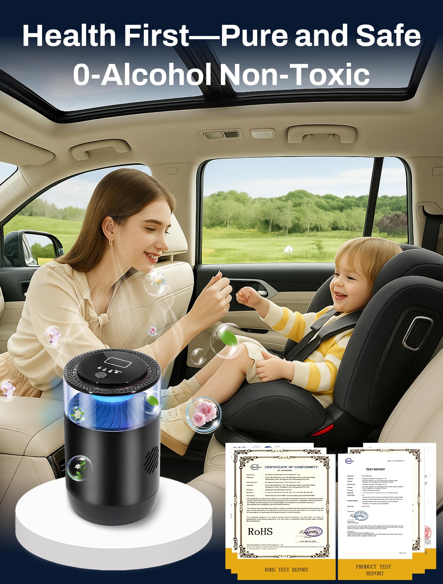 Ambientador inteligente para coche, fragancia de luz ambiental y niebla, paquete de 2 recambios para 6 meses, encendido/apagado automático, 3 modos ajustables, ambientador negro perfecto para coche