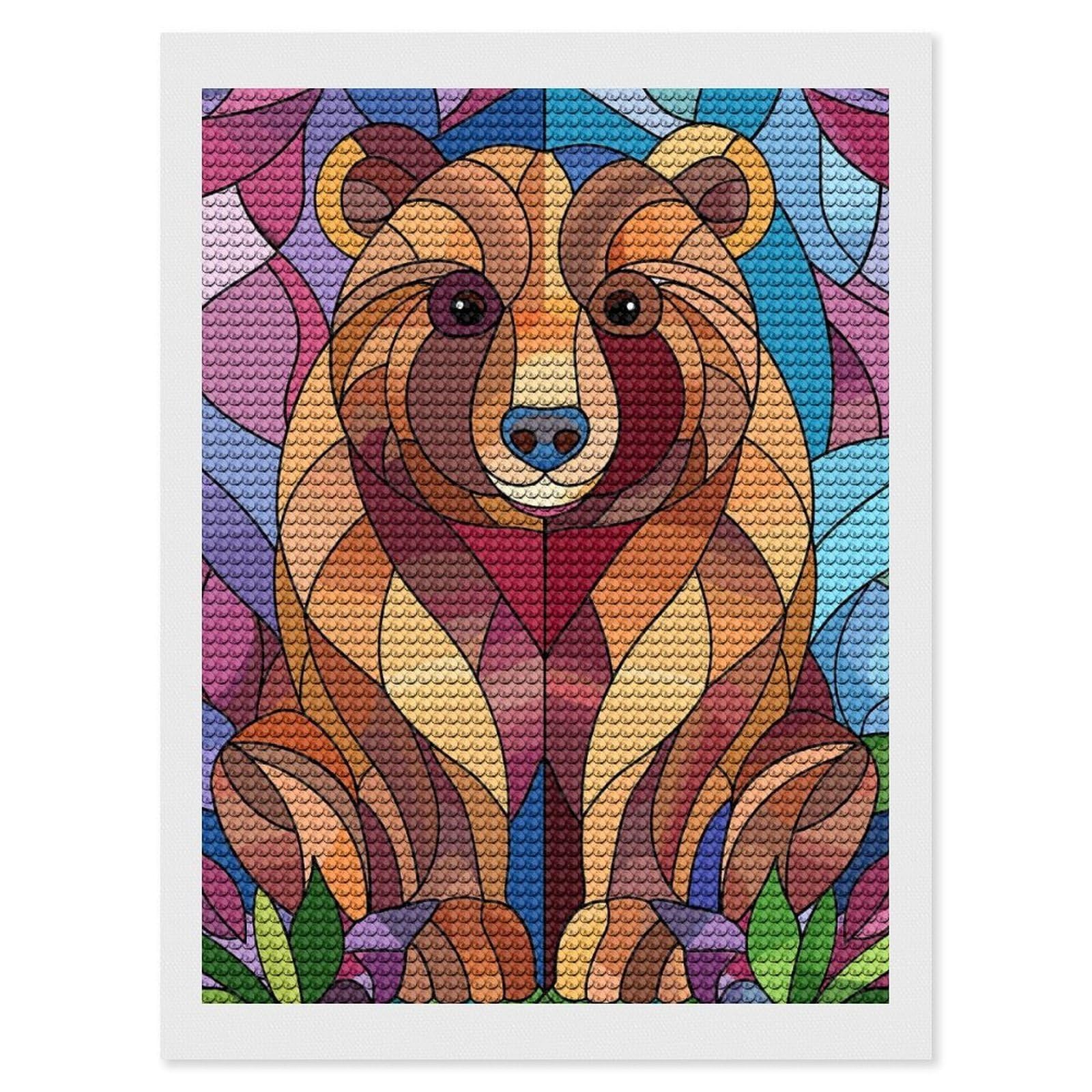 Junmoney Stained Glass Bear Portrait Round Drill Diamond Painting 12"x16", for Craft Lovers, Stress Relief Craft, Bedroom Decor, Festive Craft Gift