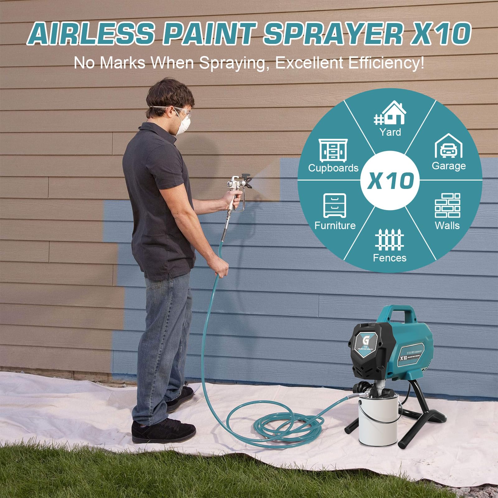 Garvee Airless X10 pistolet do malowania, 0,32 GPM - 3300 PSI, 750W - z drążkiem i zestawem do czyszczenia ścian, płotów, mebli