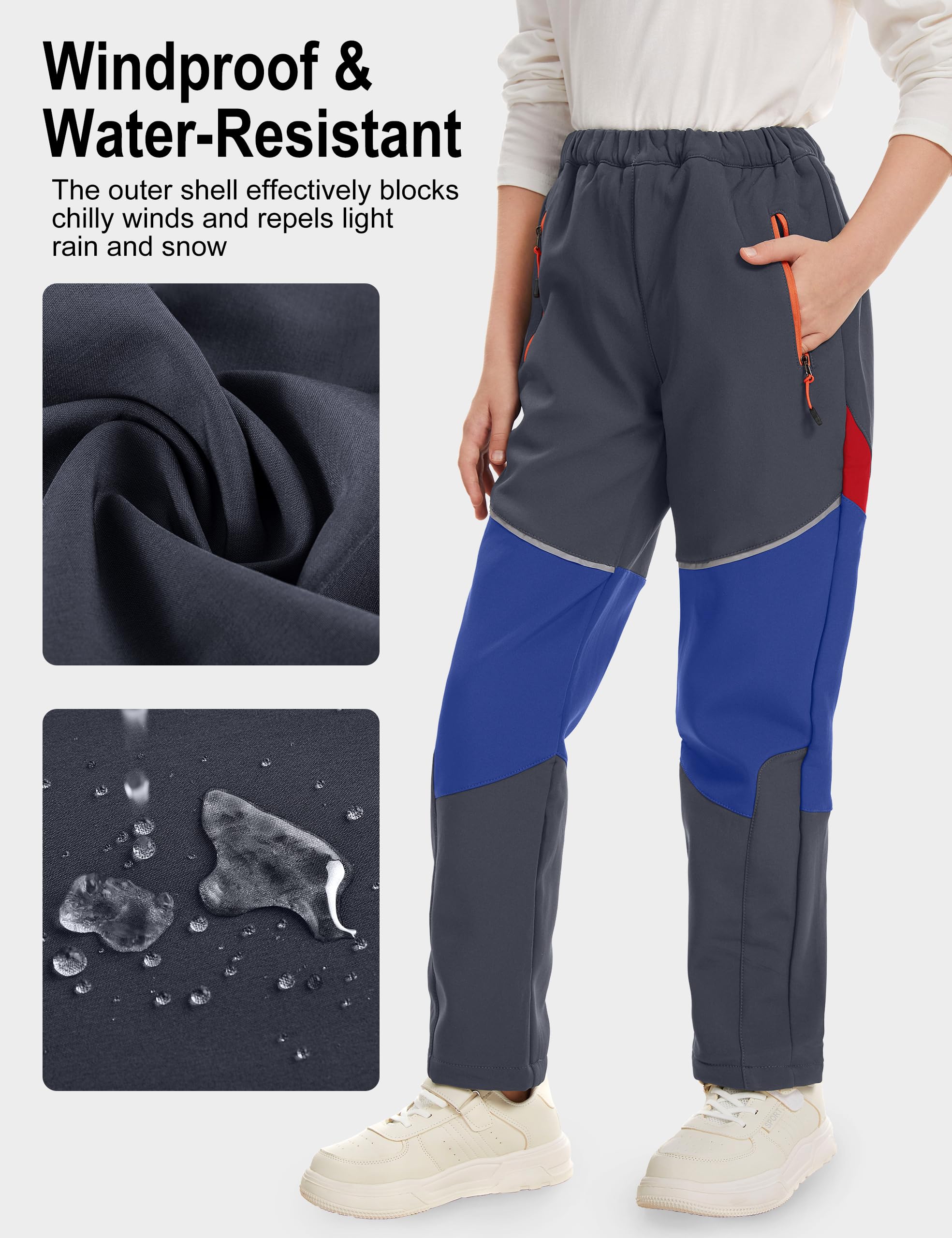 Pantaloni da neve impermeabili per ragazzi e ragazze, pantaloni da sci isolati invernali foderati in pile, elastico in vita Softshell pantaloni da trekking per ragazzi