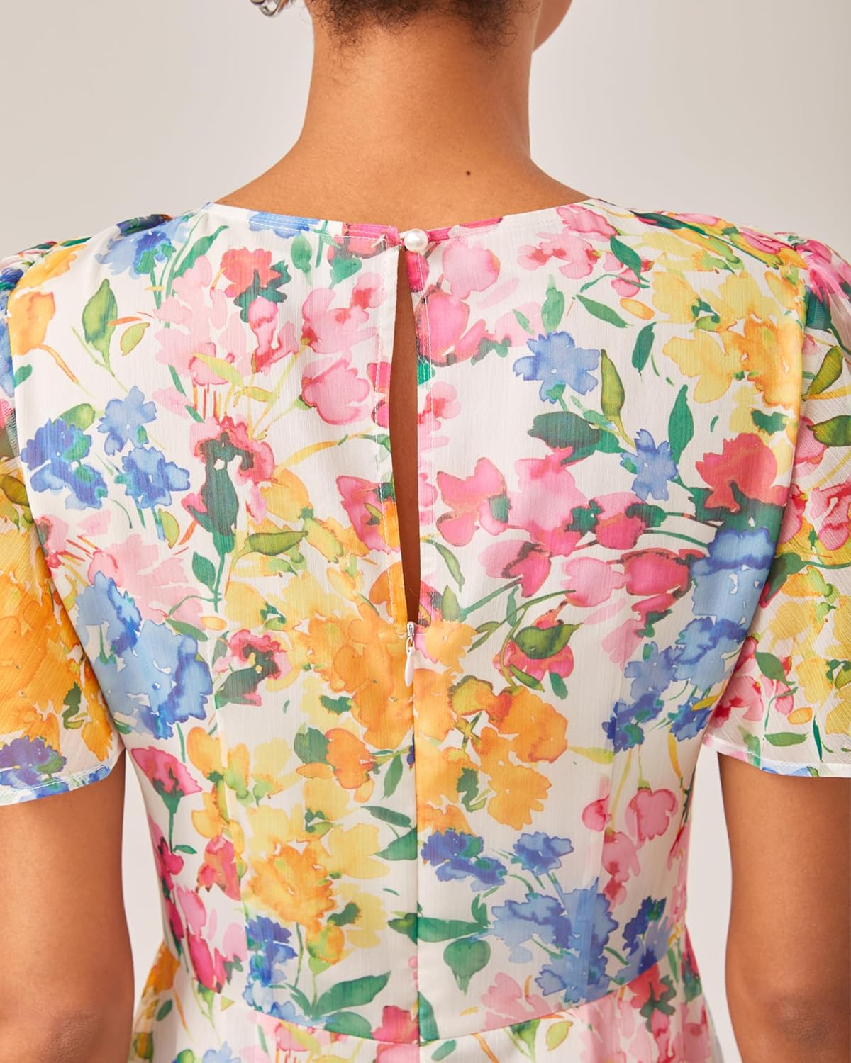 ADOR Womens Floral Chiffon Maxi Dress Short Flutter Sleeve Empire Waist Summer High Low Boho Beach Wedding Guest Dresses - Image 6