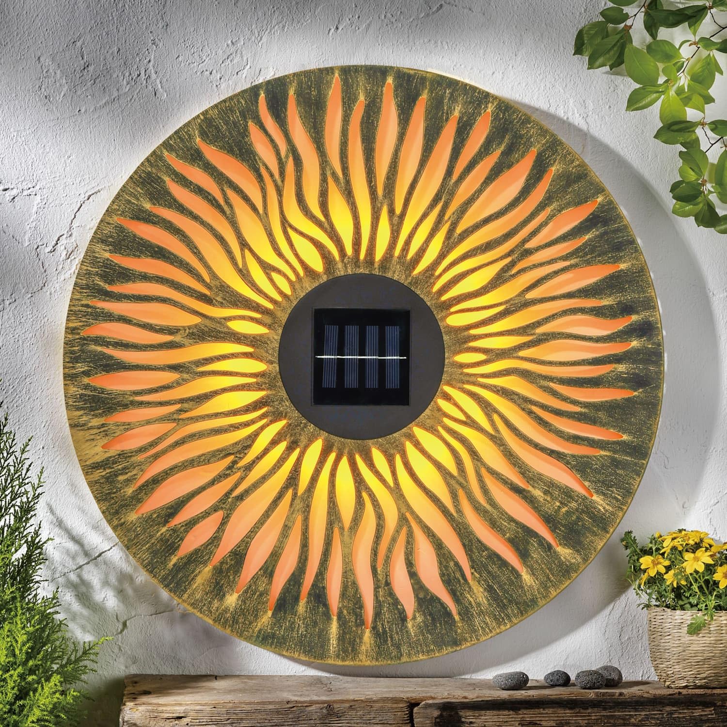 Bloomingtons Direct Yellow Solar Metal Sun Wall Art Lamp, Hanging Solar Garden Ornaments Metal Light Up 38Cm 10 Leds Sun Wall Light For Garden, Led Light, Outdoor Decorative Automatic 8 Hours Light Output, No Tools Required