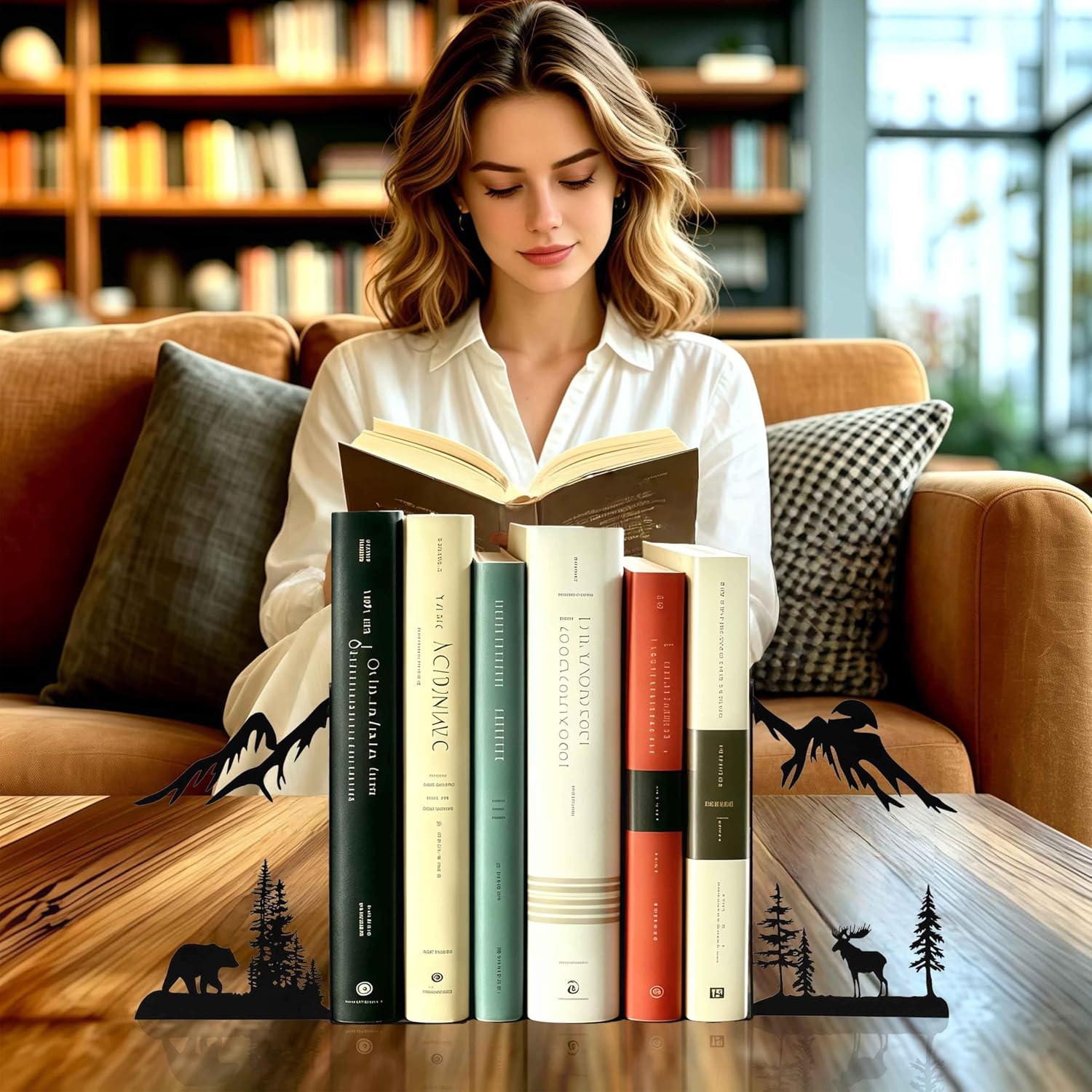Matte Black Decorative Bookends for Shelves, Unique Metal Book Ends with Bear and Deer Mountain Forest Wildlife Design, Rustic Farmhouse Accents for Nursery, Office, and Living Room, 1 Pair