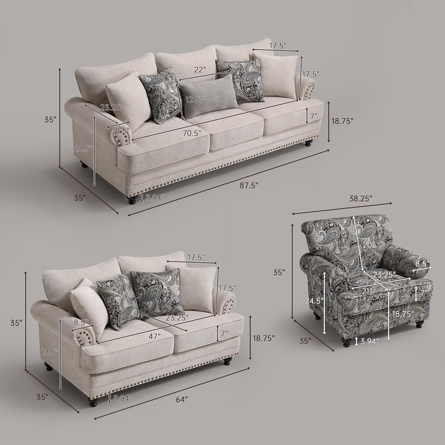 3 Piece Living Room Set, Modern Farmhouse Chenille Sofa and Loveseat with Nailhead Trim, Floral Accent Chair, 9 Accent Pillows Included