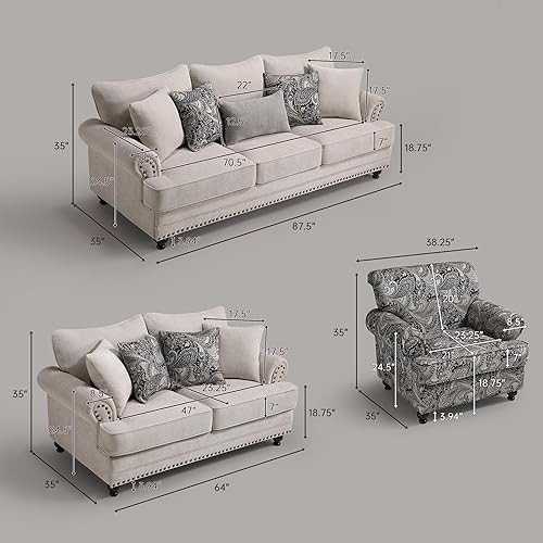 Miniatura 2 de Juego de sala de estar de 3 piezas, moderno sofá de felpilla de granja y sofá biplaza con ribete de cabeza de clavo, silla decorativa floral, 9