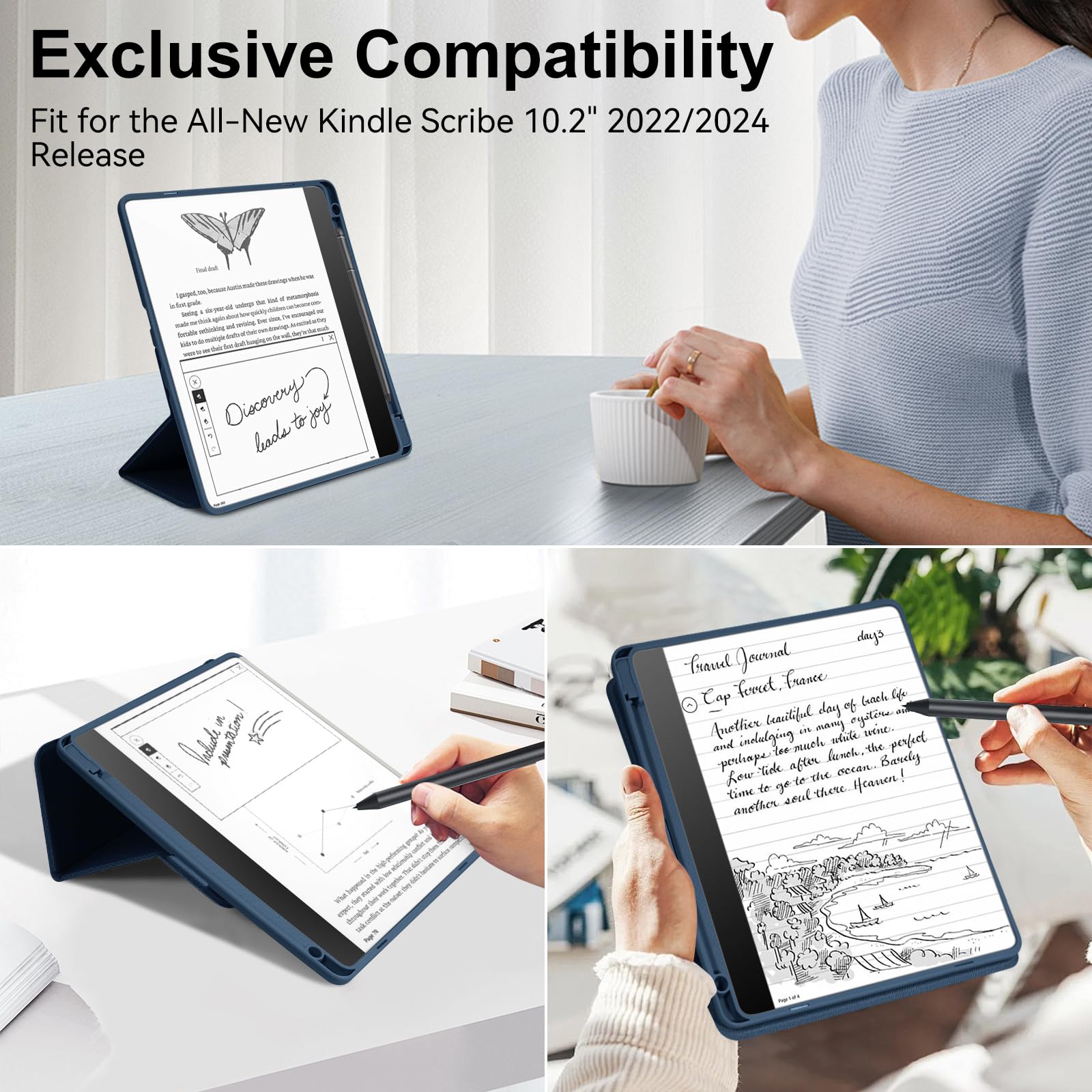 Funda con soporte para Kindle Scribe (versión 2022/2024), funda triple de piel sintética de alta calidad con soporte para bolígrafo, compatible con Kindle Scribe de 10.2 pulgadas, apagado y