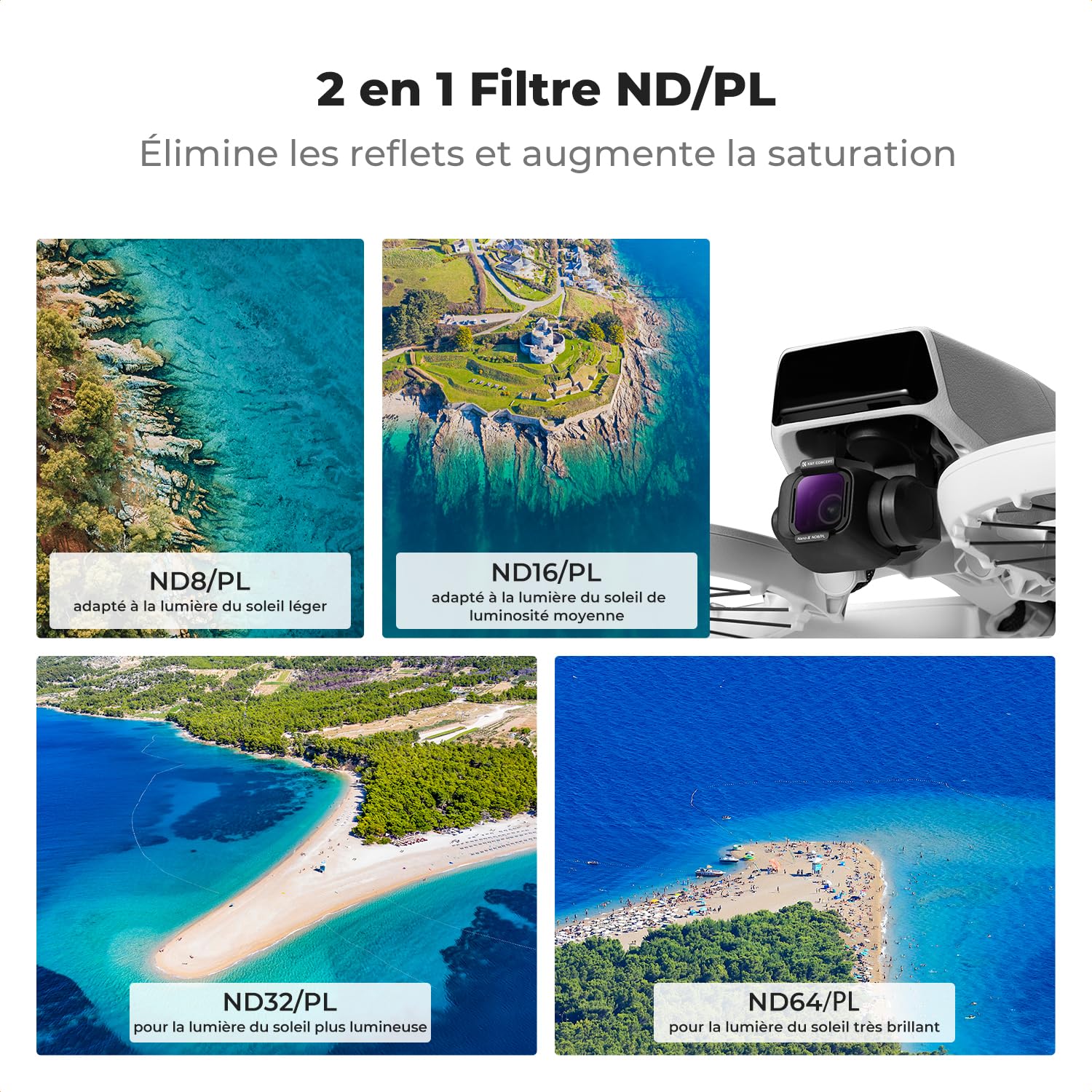 K&F CONCEPT Lot de 4 filtres ND/PL compatibles avec DJI Flip, ND8/PL ND16/PL ND32/PL ND64/PL ND64/PL Filtre polarisant à densité Neutre Kit de filtres d'objectif de caméra pour Drone HD Optique