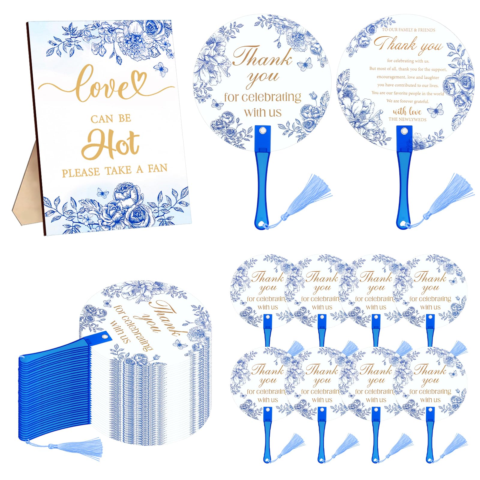 Photo 1 of 100Pcs Wedding Hand Fans with Tassels for Guests Floral Plastic Portable Handheld Fans with A Table Sign Bulk Party Favors for Wedding Bridal Shower Ceremony Decor Appreciation Gifts?Blue Flower?