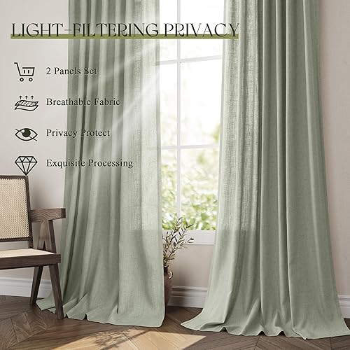 Miniatura 4 de Cortinas de lino verde salvia de 84 pulgadas de largo, 2 paneles para sala de estar, dormitorio, cortinas transparentes filtrantes de luz de 84