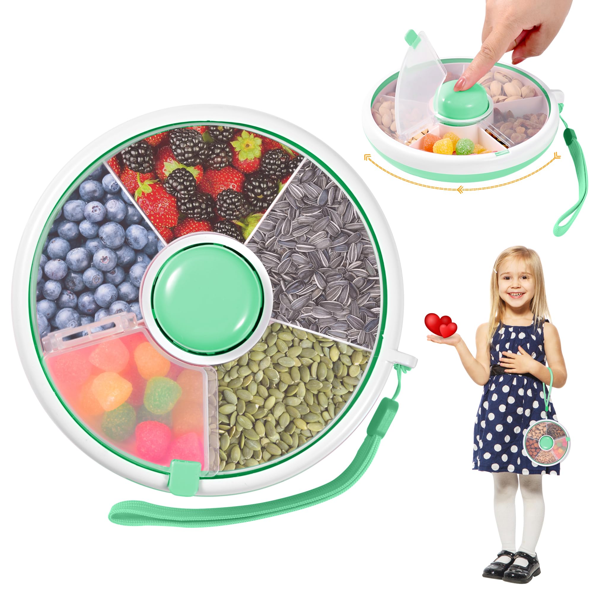 Snack Spinner Boîte à goûter pour enfant avec compartiments ronds réutilisables - Organisateur de collations, melon, bonbons, graines, fruits