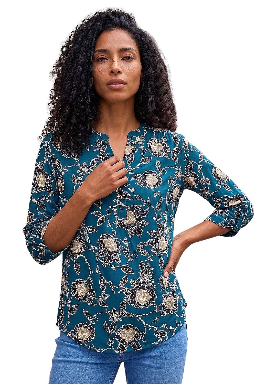Roman Women's Green Textured Floral Print Stretch Shirt In Size 10