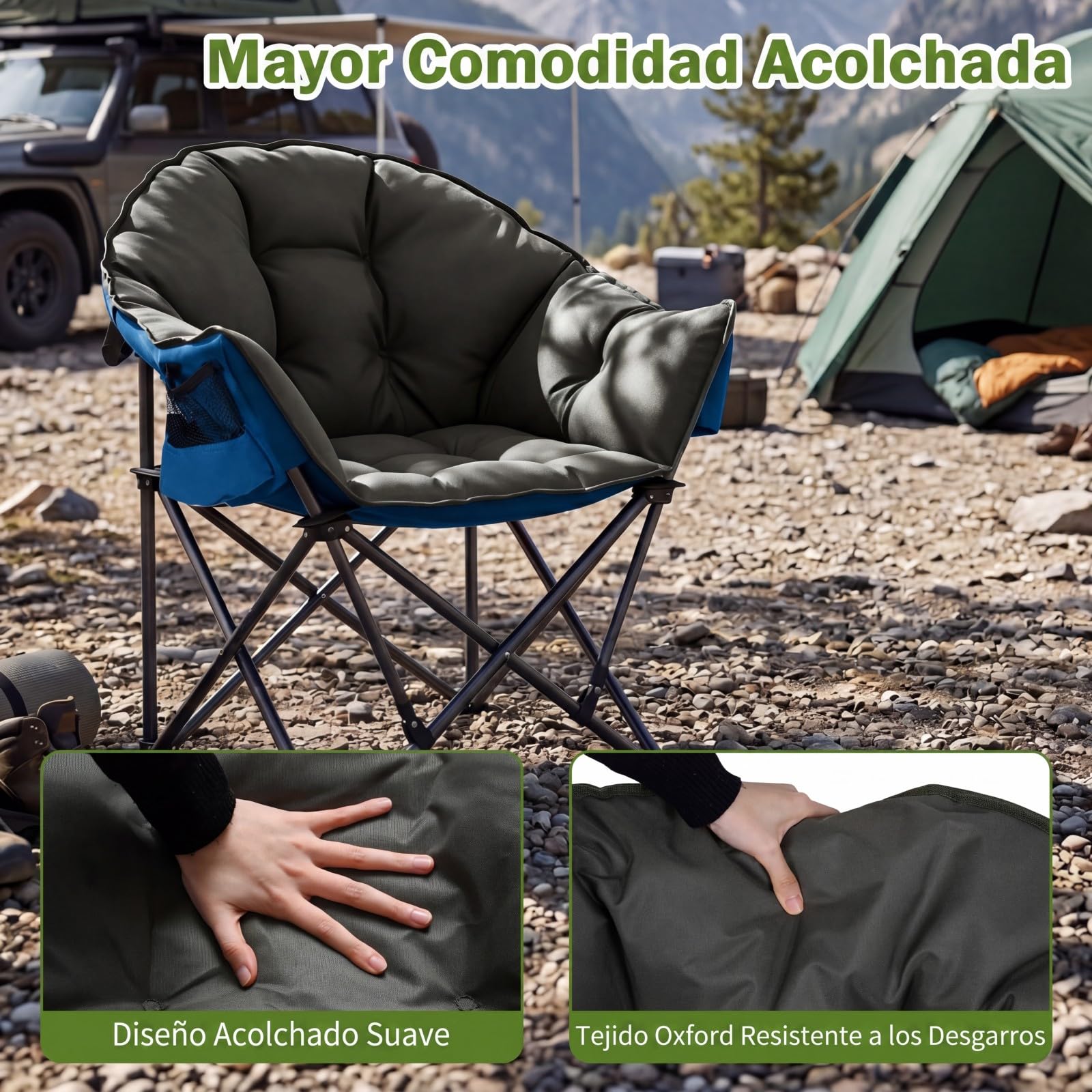 COSTWAY Silla Camping Plegable XXL, Sillón Aclchado Grande, Estructura Metálica, Portavasos, Bolsa de Transporte, Silla Exterior Portátil Playa Picnic Pesca, Carga 227 kg, 74 x 90 x 99 cm (Verde)