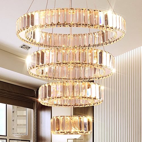 YPQXYHDA Candelabro moderno de cristal con 4 anillos, lámpara de techo LED, lámpara de techo alto para dormitorio, sala de estar, comedor (blanco