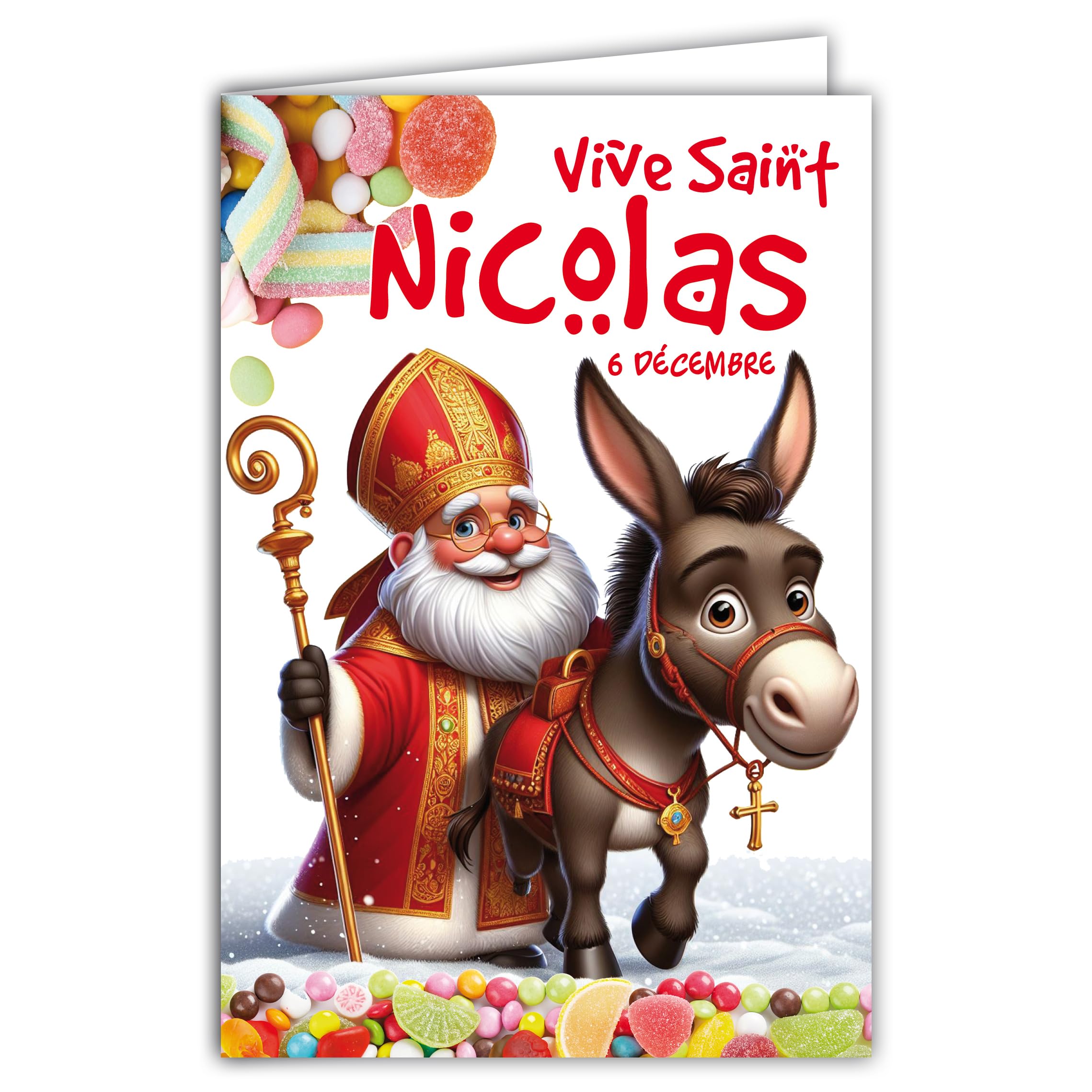 68-1336 Card with Envelope Vive Saint Nicholas with his Grey Donkey 6 December Happy Day for Schoolchildren Wise Children as Collectible Images for Boys Girls Bombons – Made in France