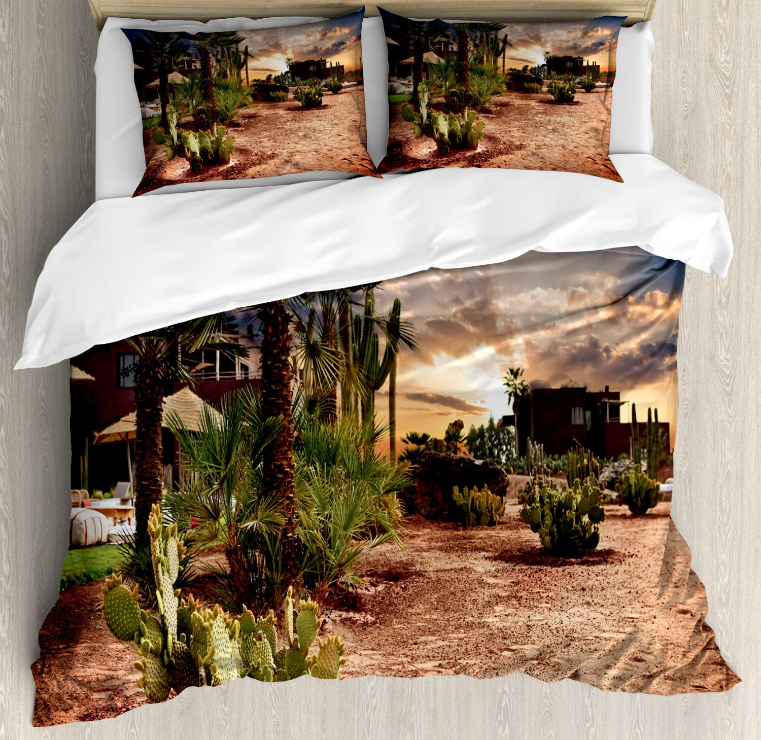ABAKUHAUSDesert Duvet Cover Set, Majestic Sky Palm Trees, Bedding Set 3 Pieces with 2 Pillow Shams, 230 x 220 cm - 70 x 50 cm, Blue Green Pale Brown