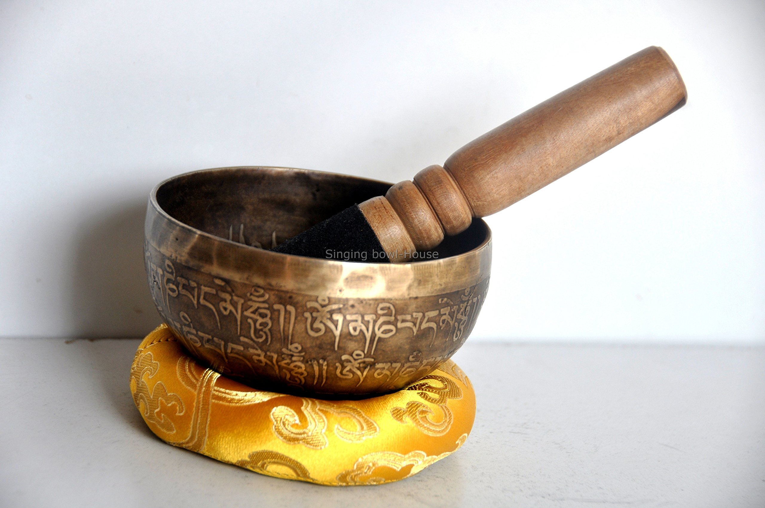 10 cm mantra rzeźbiony budda tybetańska miska dźwiękowa, ręcznie młotkowana Nepal, misy dźwiękowe z poduszką i pałeczkiem