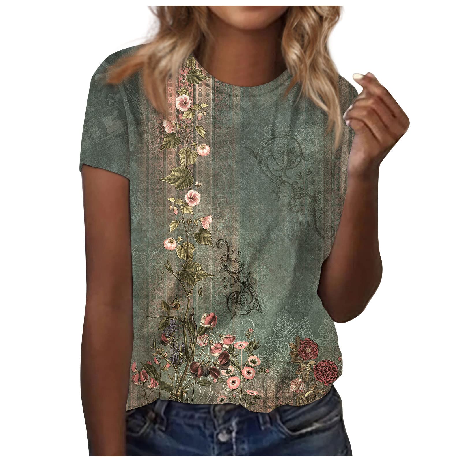 Summer Tops for Women 2025 Casual T-Shirts Shirts Graphic Tee Short Sleeve Tops Floral Print Loose Summer Tops