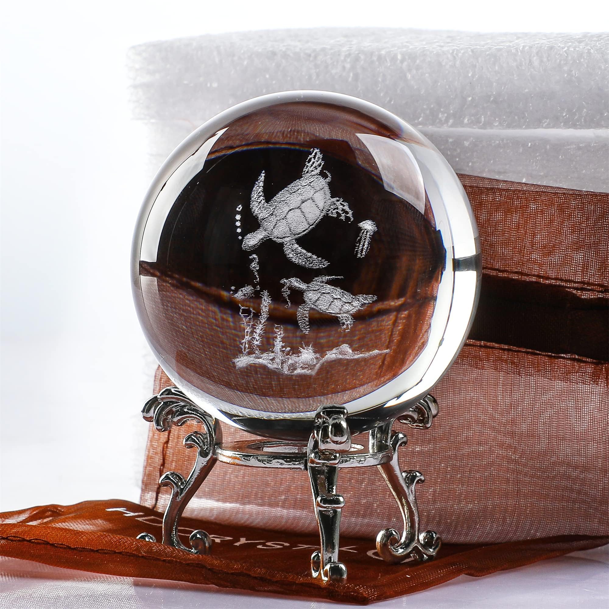 HDCRYSTALGIFTS Kryształowe szkło żółw morski figurka 60 mm (2,3 cala) 3D grawerowane laserowo kryształowe ozdoby zwierzęce sztuka, szklana kula ekspozycyjna rzeźba dekoracja domu prezent