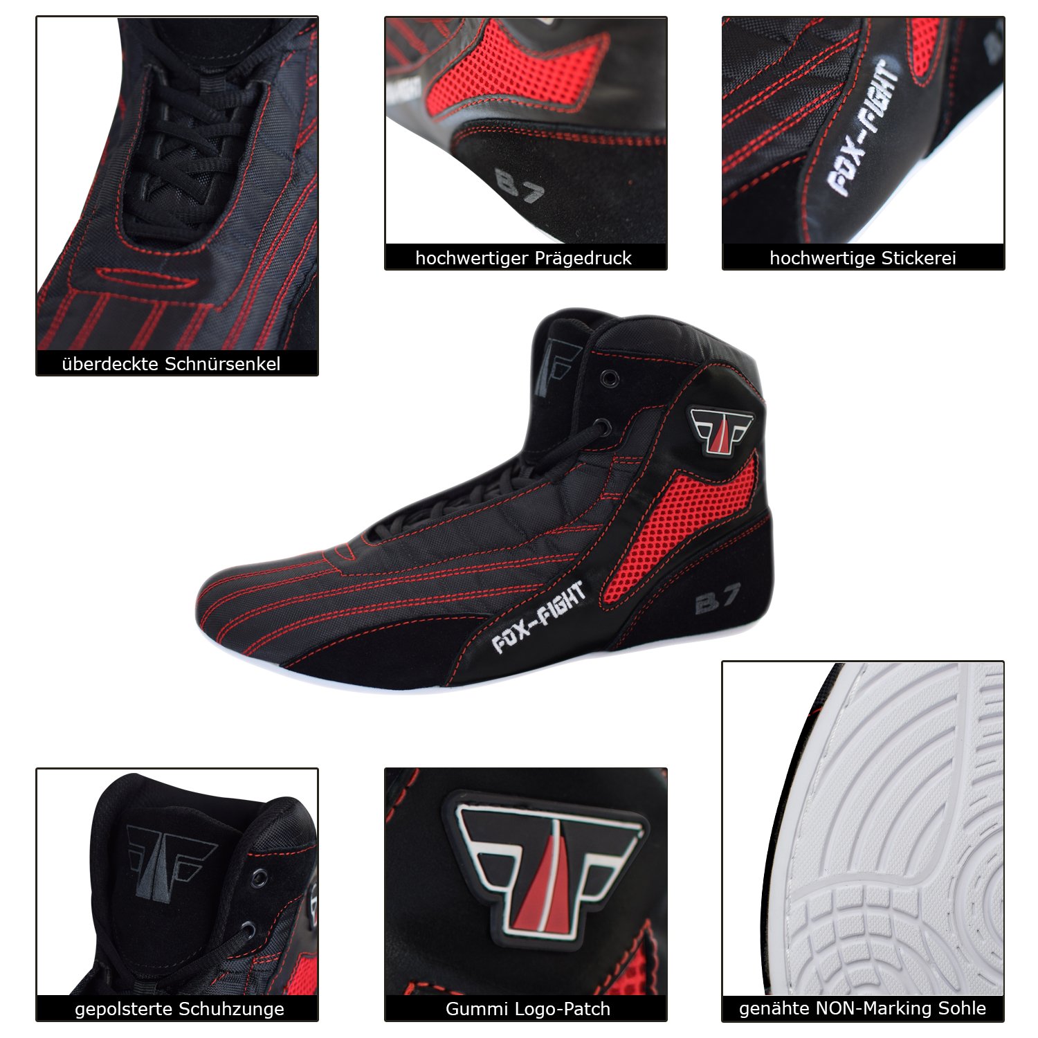 FOX-FIGHT B7 - Scarponi da boxe, per atletica, fitness, palestra, bodybuilding, alta qualità, colore: nero e rosso