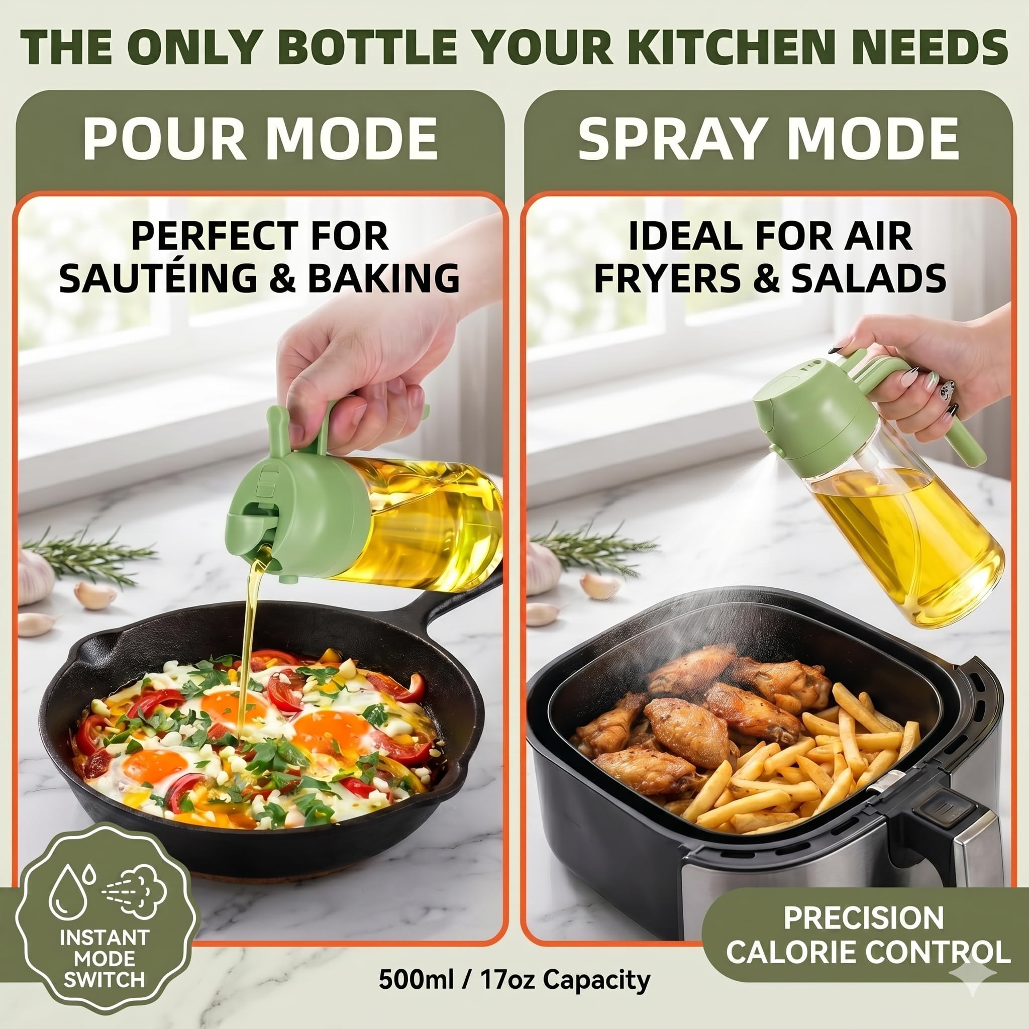 Havanish Oil Sprayer and Oil Dispenser Bottle for Kitchen, Glass Oil Bottle with Premium Nozzle, 2 in 1 Oil Sprayer for Air Fryer, Salad, BBQ, Roasting (500ml, Multi Color) 1