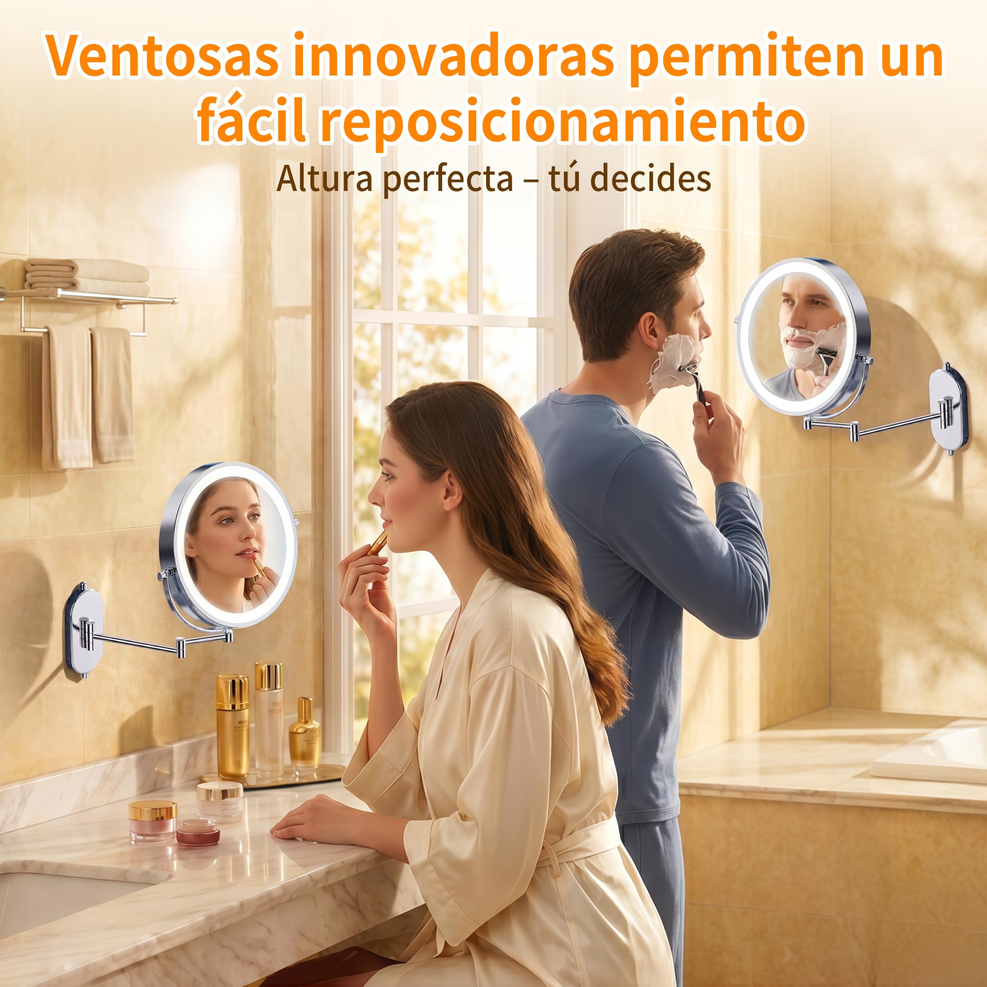 8 Pulgad Espejo Maquillaje con Luz 30X/1X – 4000mAh Espejo Aumento Baño – Aumento Recargable Doble Cara – Espejo Grande Baño Pared Brazo Extensible USB - 3 Colores Brillo Regulable para Hotel, SPA