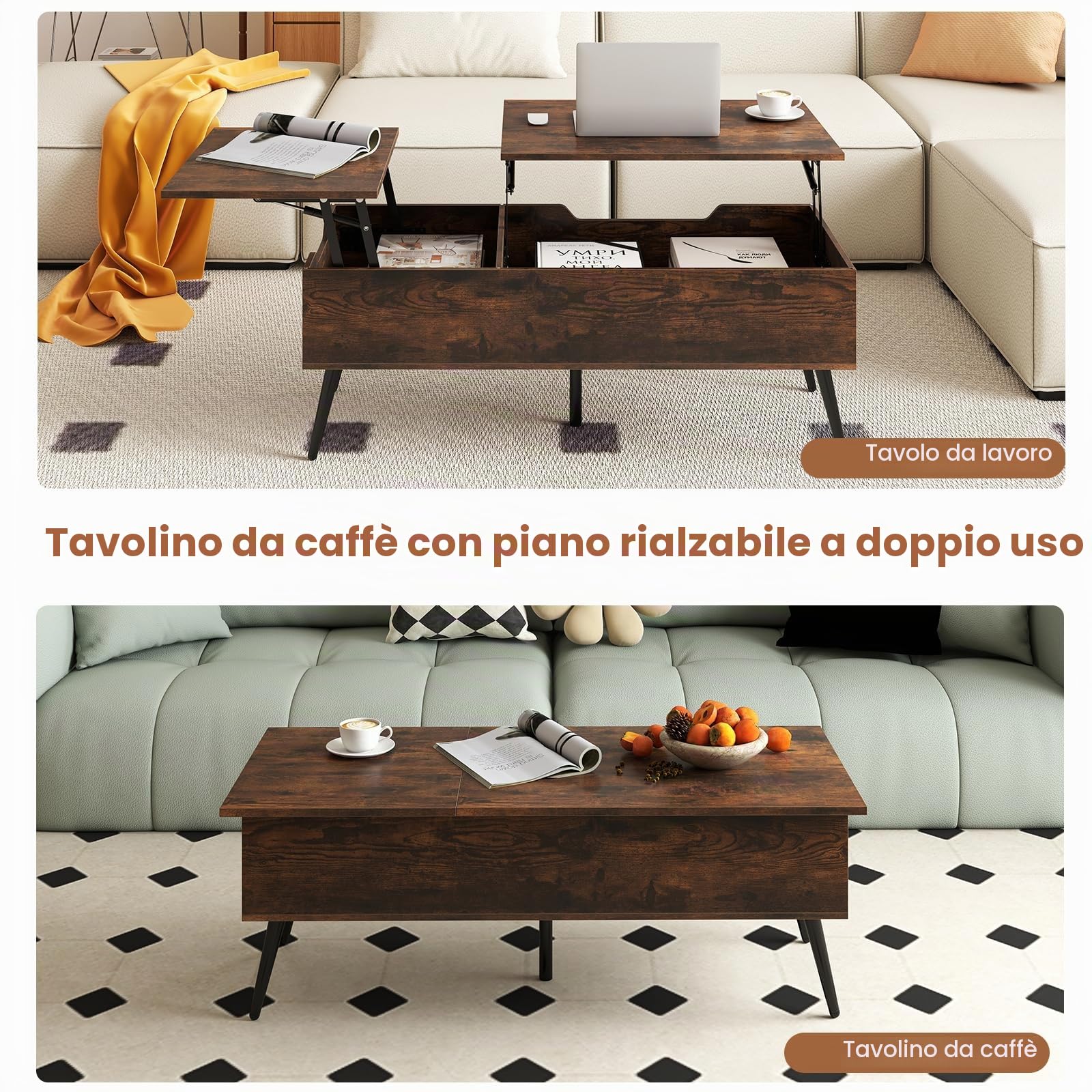 LIFEZEAL Tavolino da Salotto Sollevabile, Tavolino Basso da Caffè, da Soggiorno, Moderno, Salvaspazio, in Legno, con Piano Elevabile, Gambe in Metallo, Contenitore, 2 Scomparti, 110,5x48x40cm, Marrone