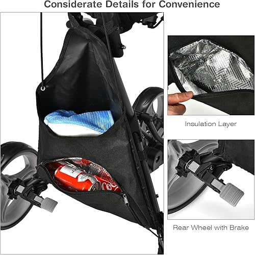 Miniatura 6 de GYMAX Carrito de golf plegable carrito portátil ajustable en altura con soporte para paraguas bolsa impermeable enfriador integrado y freno de pie