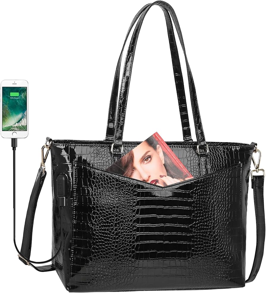 Amazon.com: Laptop Bag for Women 17.3 Inch Laptop Tote Bag Croc-Printed PU  Briefcase Work Bag with USB Charging Port Waterproof Computer Tote Bag  Handbag Satchel Shoulder Bag : Electronics