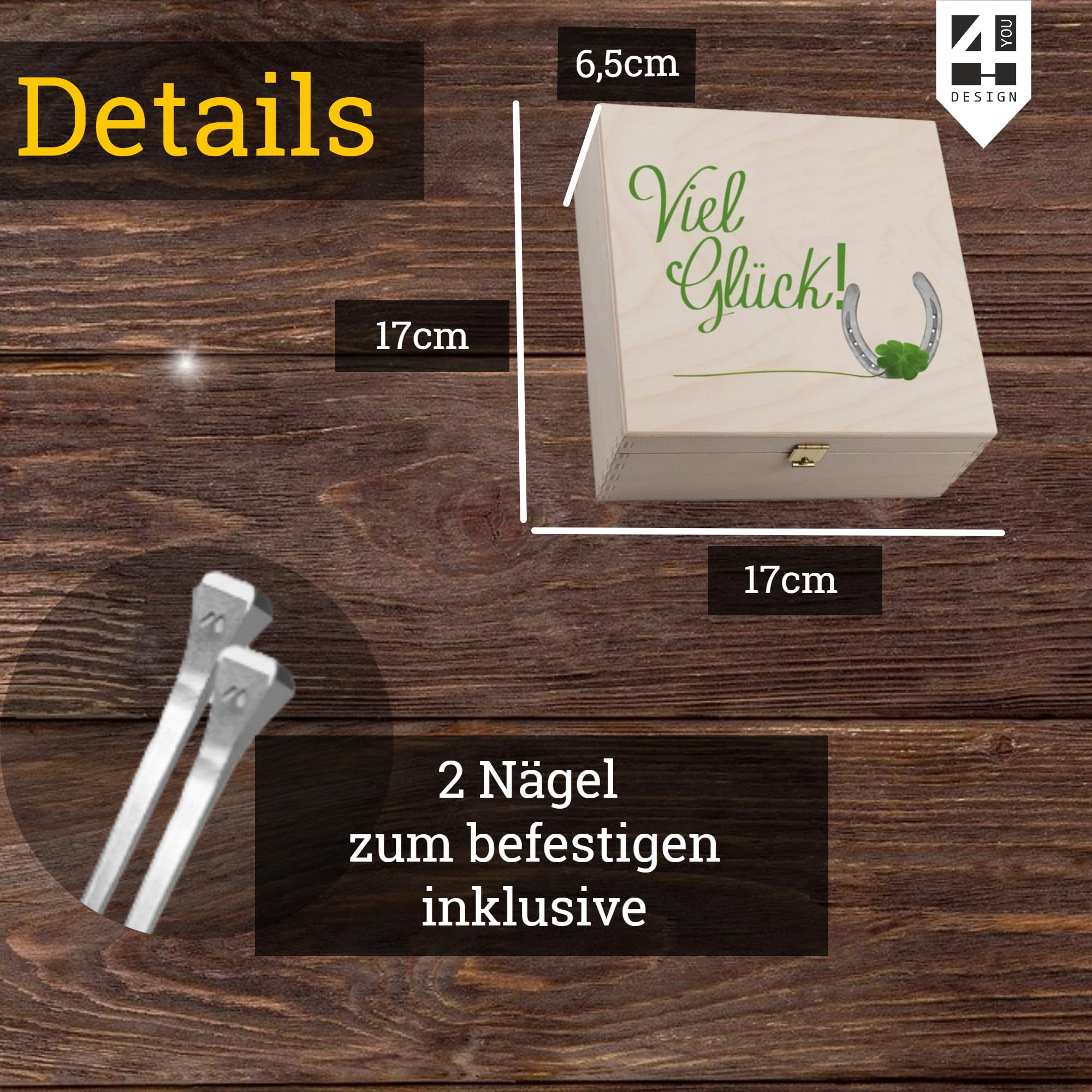4youDesign Echtes Hufeisen in Holz-Geschenkschachtel Gute Besserung mit Gravur – 2 Hufeisennägel zum befestigen – Geschenk kranke Freunde, Familie – Glücksbringer - 17x17x3,5cm