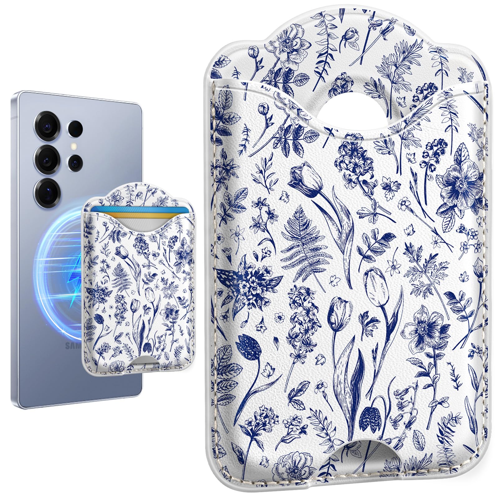 Shorogyt Compatible with Magsafe Wallet Cute Magnetic Card Holder - Phone Wallets for Galaxy S25 Series for iPhone 16/15/14/13/12 Series for Women Teen Girls Blue Line Flower Design, Fit 3 Cards-image-42
