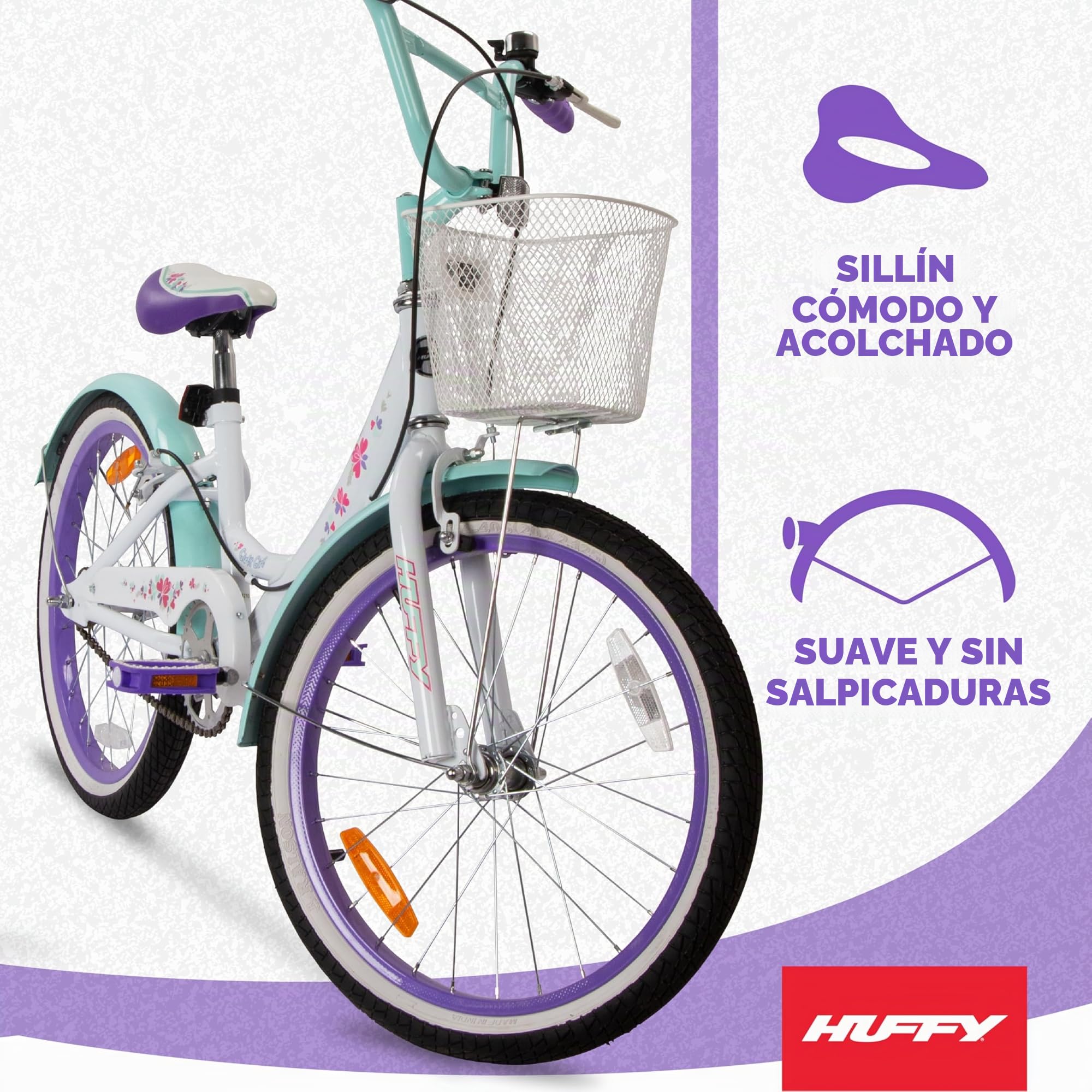Huffy Girly Girl - Bicicleta para niñas de 20 Pulgadas + Cesta, Color Blanco, Azul y Morado de 6 a 9 años.