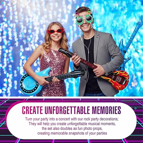 Miniatura 5 de Juego de 19 juguetes inflables de estrella de rock, accesorios inflables para fiestas de los años 80 y 90 con temática musical de Rock and Roll,