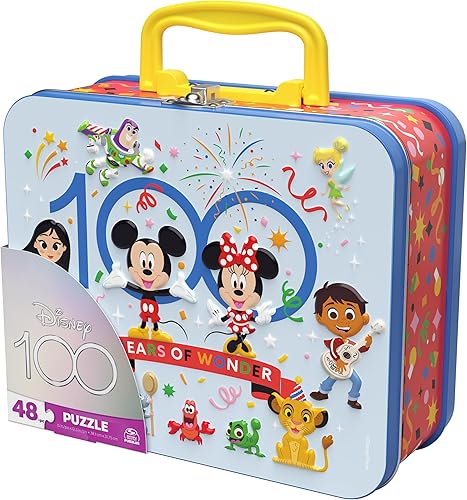 Miniatura 6 de Disney100 aniversario, rompecabezas de 48 piezas en caja de almuerzo con mango de lata de metal, rompecabezas para niños de 4 a 8 años, juguetes de