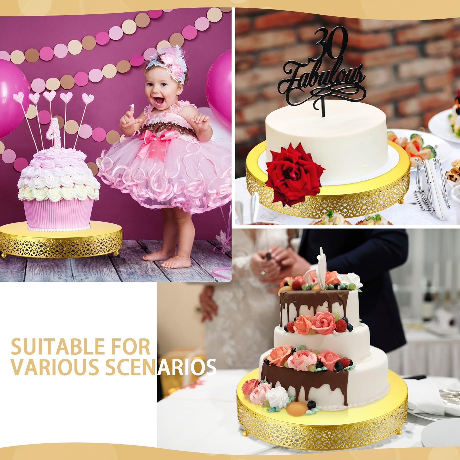 Wenqik Alzata rotonda in metallo per cupcake, dessert, torte nuziali, biscotti, vassoio da portata per frutta, per matrimoni, compleanni, anniversari, feste (oro, 35,5 cm)