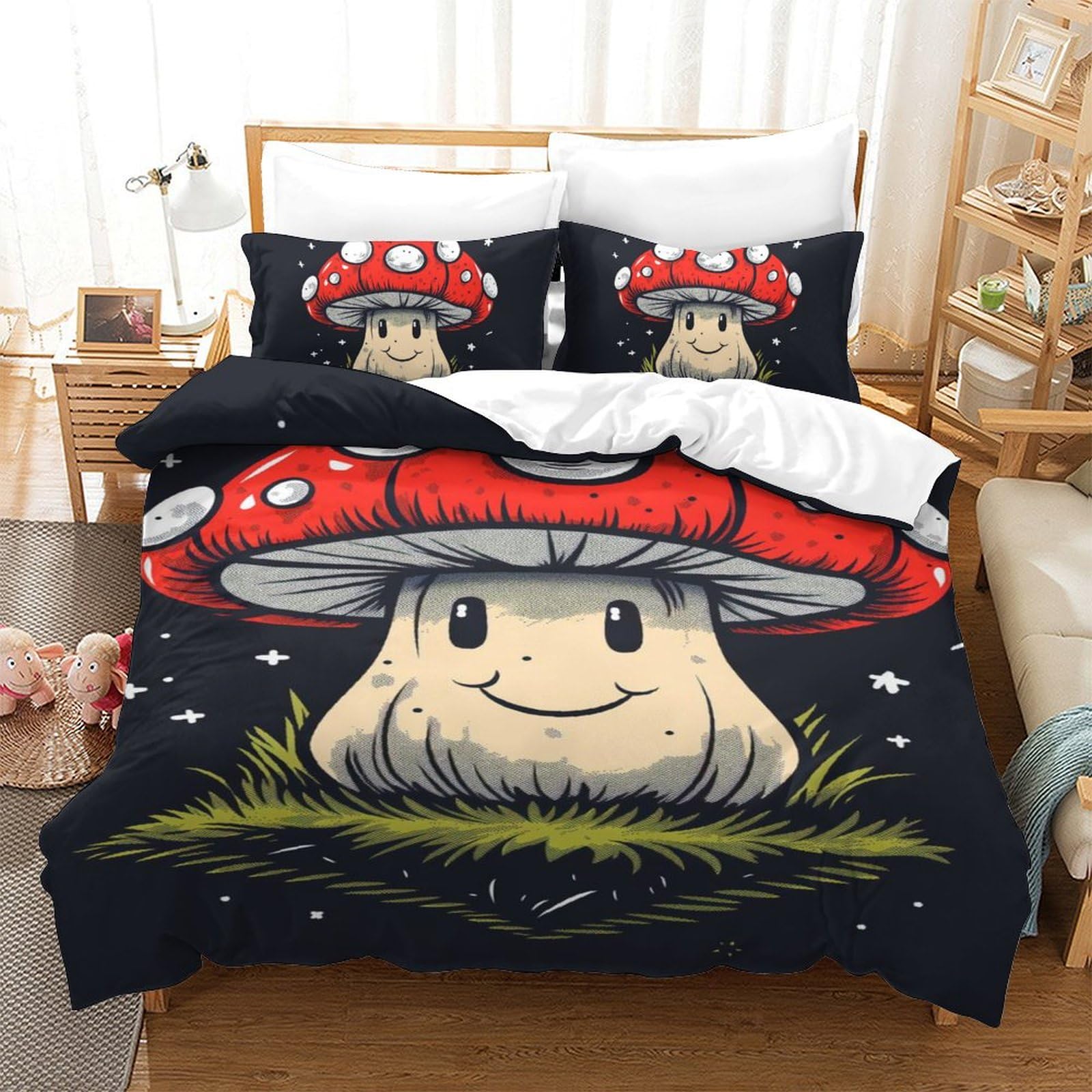 VFKLZCNYR Duvet Cover Set Mushroom Decorative Duvet Cover Comforter Cover Polyester Microfiber 3pc with Zipper Bedding for Bedroom, Guestroom Single（140x200cm）