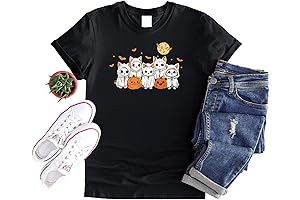 Women Ghost Halloween Thanksgiving T-Shirt Ghost Cat Cute Kitty Pumpkin T-shirt Halloween Costume for Cats
