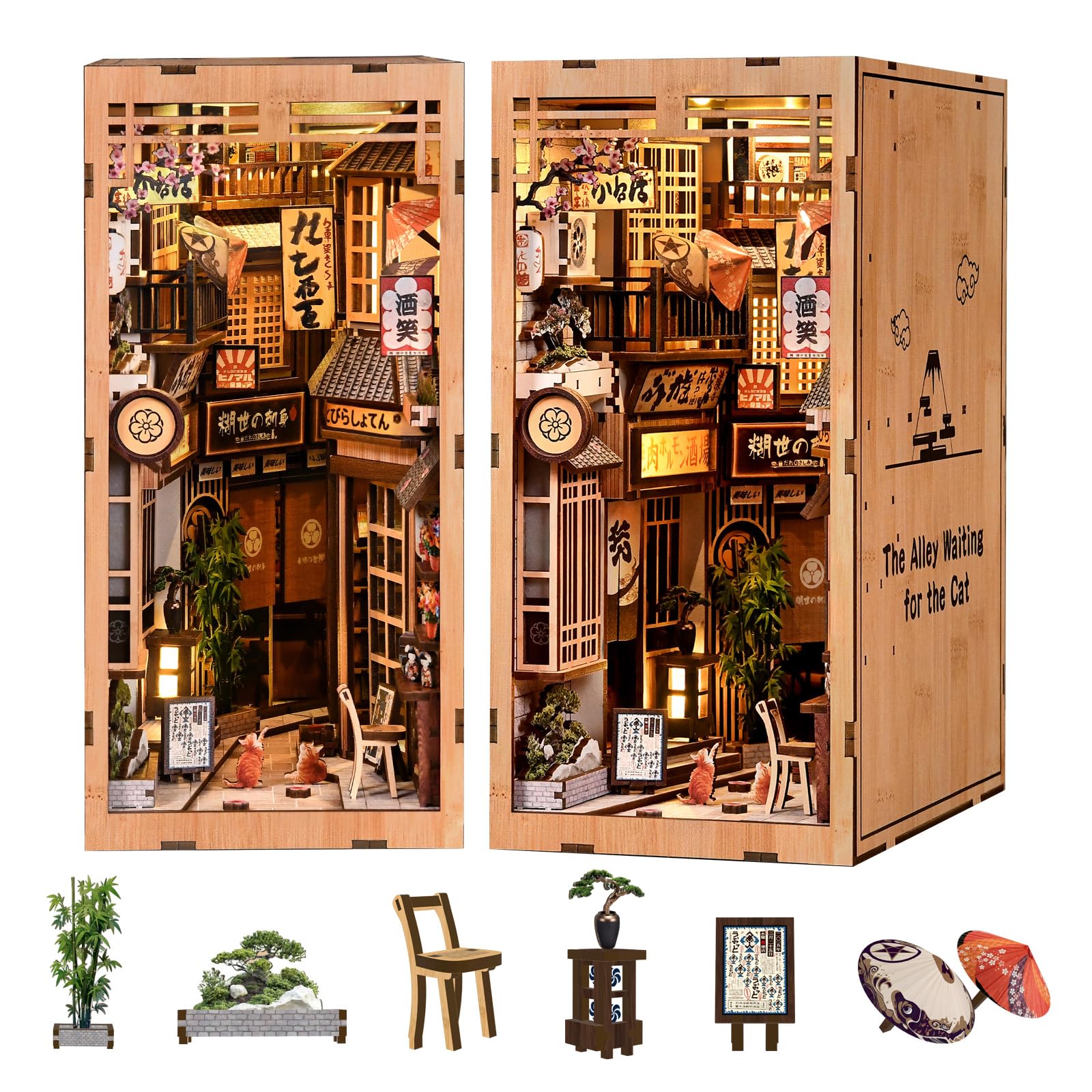 Book Nook Japan, DlY miniaturowy zestaw do budowania domku dla lalek, drewniane puzzle 3D ze światłem LED, japońska dekoracja, prezent dla rodziny i przyjaciół - The Alley Waiting for the