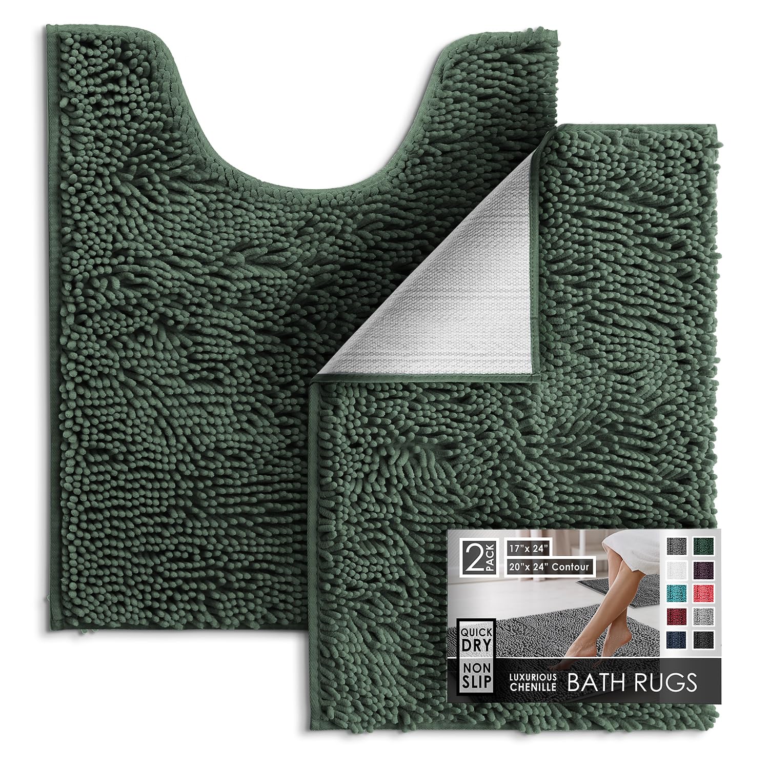Hearth & Harbor Bathroom Rugs, Chenille Bath Mat - Machine Washable Bath Mats for Bathroom Non-Slip Backing Rubber, Quick Dry Bathroom Mat - Hunter