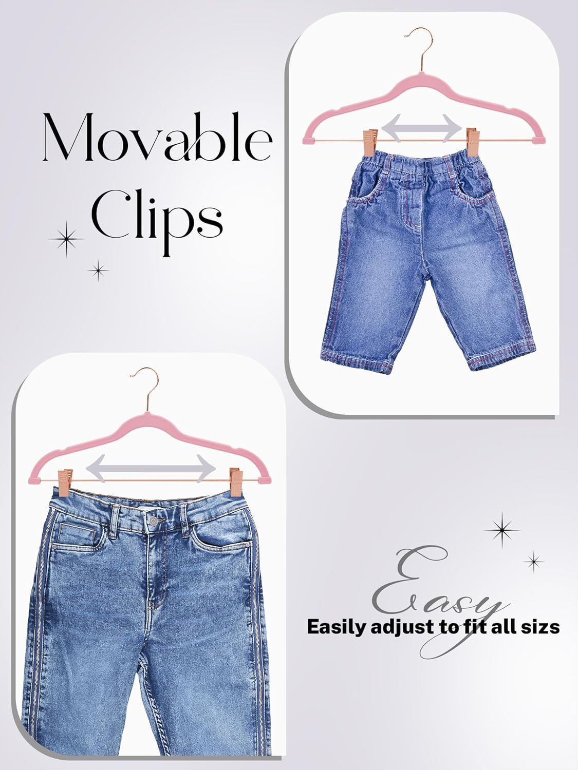 HOUSE DAY Velvet Skirt Hangers 24 Pack, Non Slip Pants Hangers with Rose Gold Clips, Ultra Thin Velvet Hanger Space Saving, Heavy-Duty Clothes Hanger for Trouser, Jeans, Dresses, Coats (Pink)