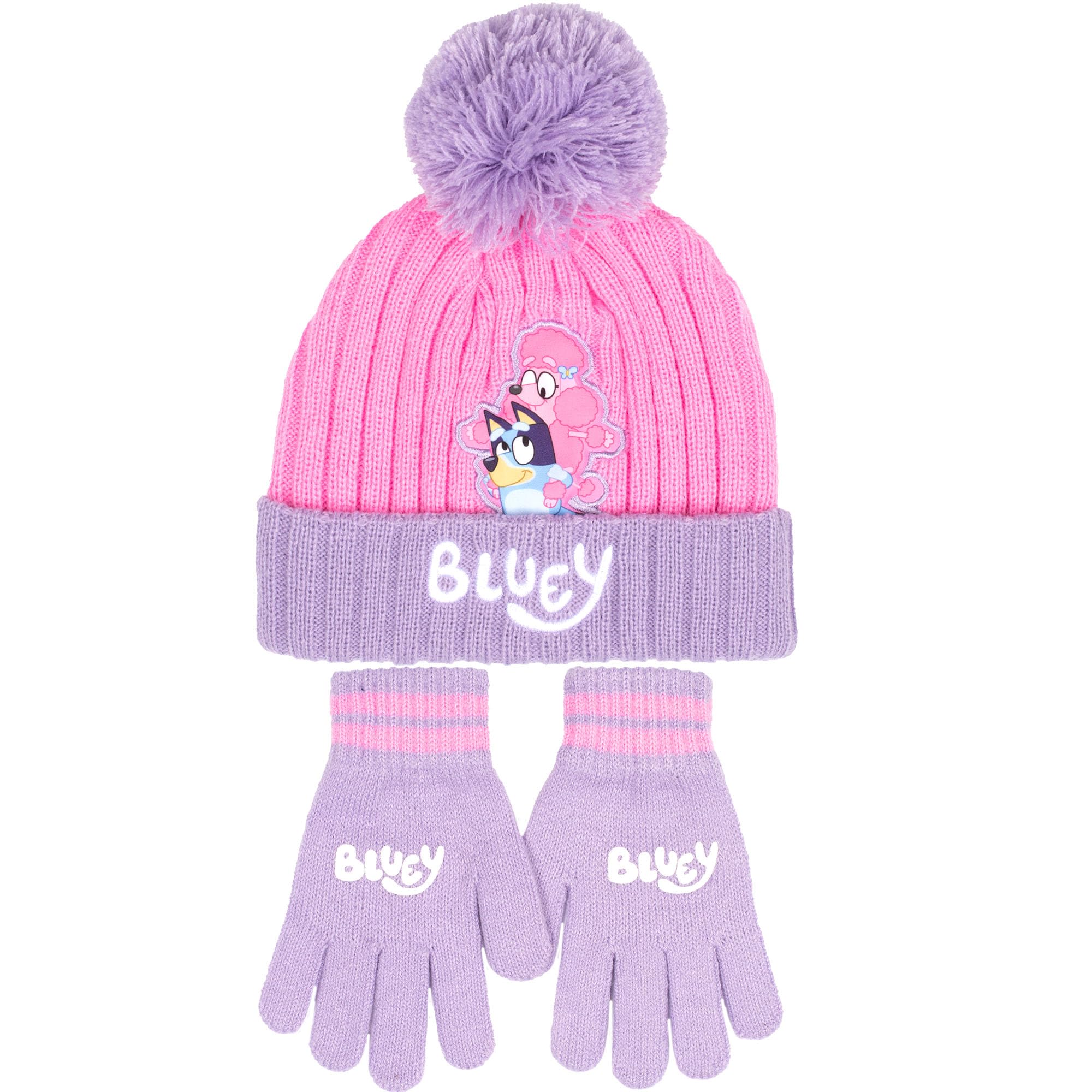 Bluey Winter Hat & Gloves Set Knitted Warm Beanie for Girls age 2-7 Years Cold Weather Accessories Gift for Girls (Pink)
