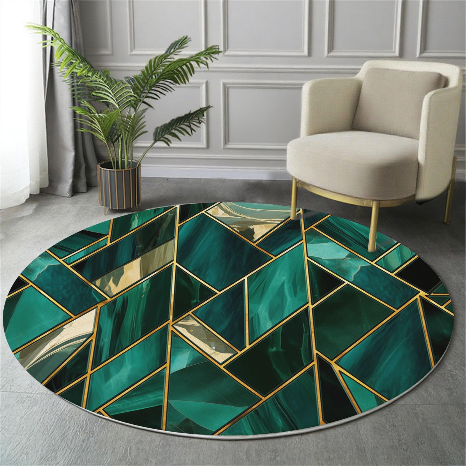 Tapis de cuisine rond émeraude à poil ras et tapis de salon lavable motif marbre 160cm