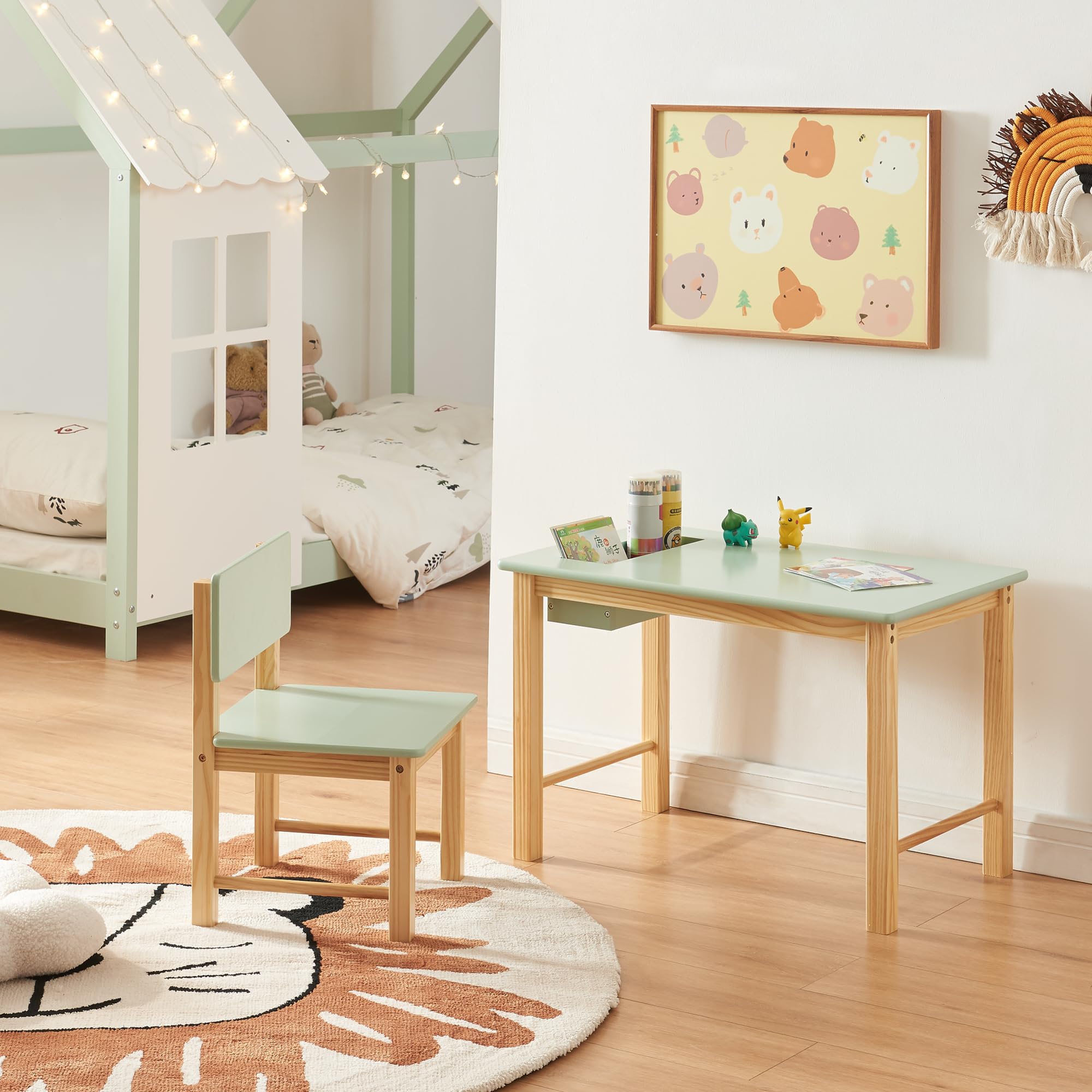 [en.casa] Set Mobili per Cameretta Tavolo e Sedia per Bambini Scrivania con Contenitore Integrato Arredo a Misura di Bimbi per Gioco Disegno Studio - Legno Naturale/Menta Verde
