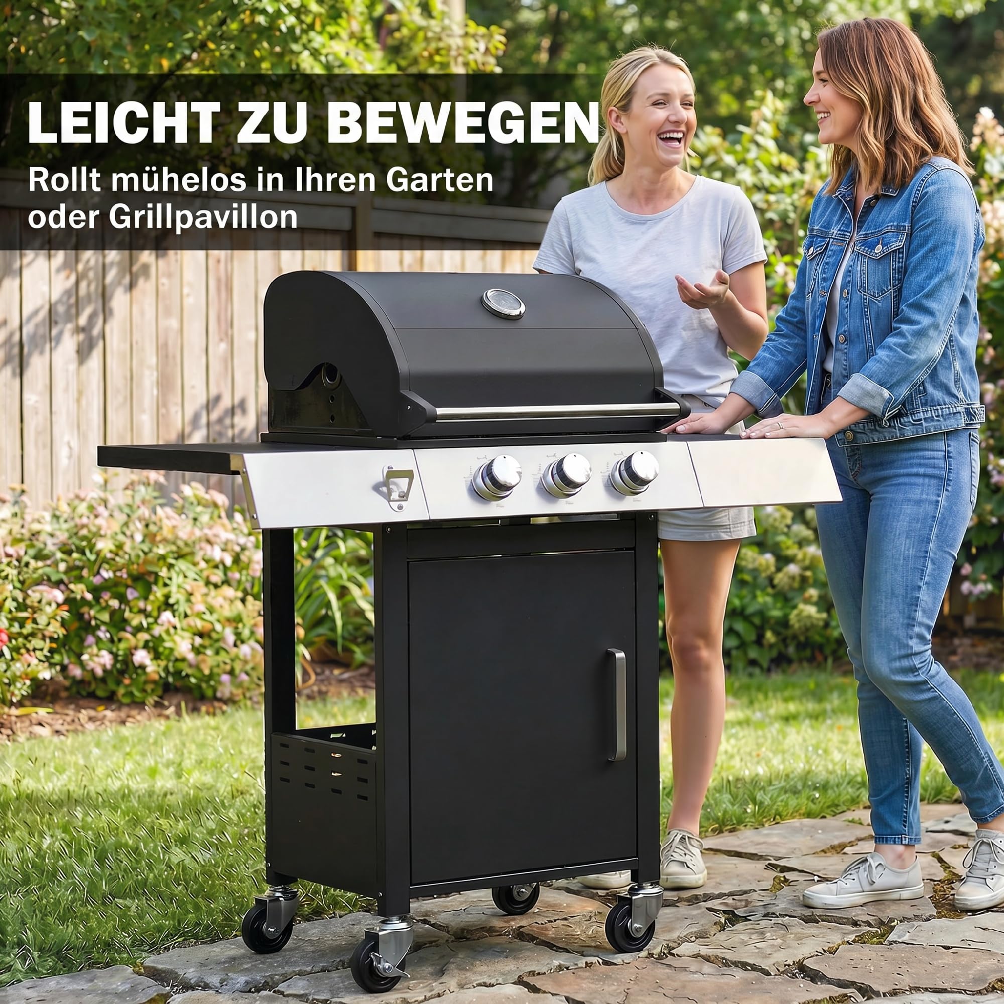 Outsunny Barbacoa de Gas BBQ Gas con 3 Quemadores 8,1 kW Barbacoa Portátil con Termómetro Mesas Laterales Armario Rejilla Calentadora Parrillas de Hierro Fundido Recogedor Grasa y 4 Ruedas Negro