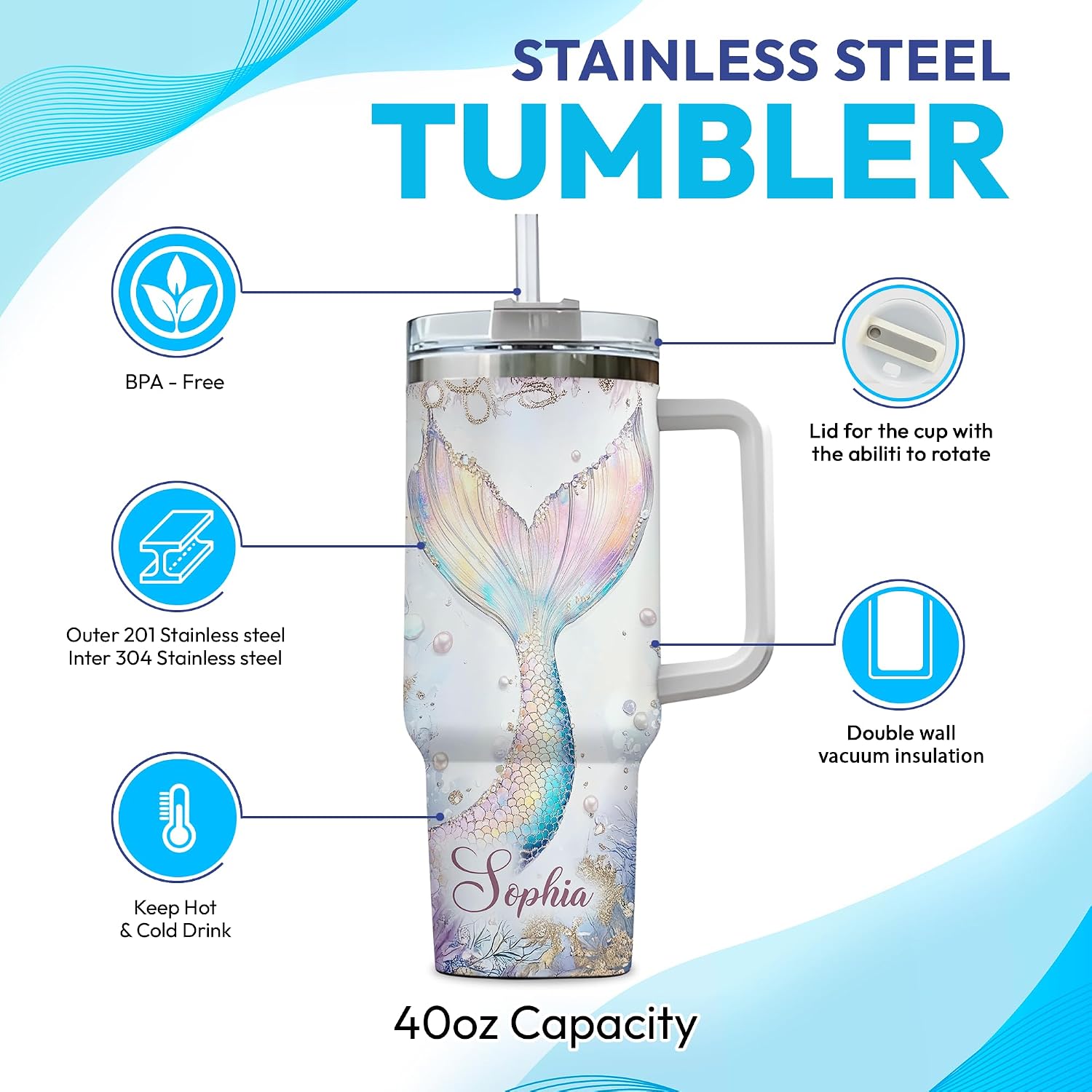 Hyturtle Personalized Travel Coffee Cup - 40oz Mermaid Tumbler With Lid And Straw - Mermaid Gifts For Women - Birthday Gift